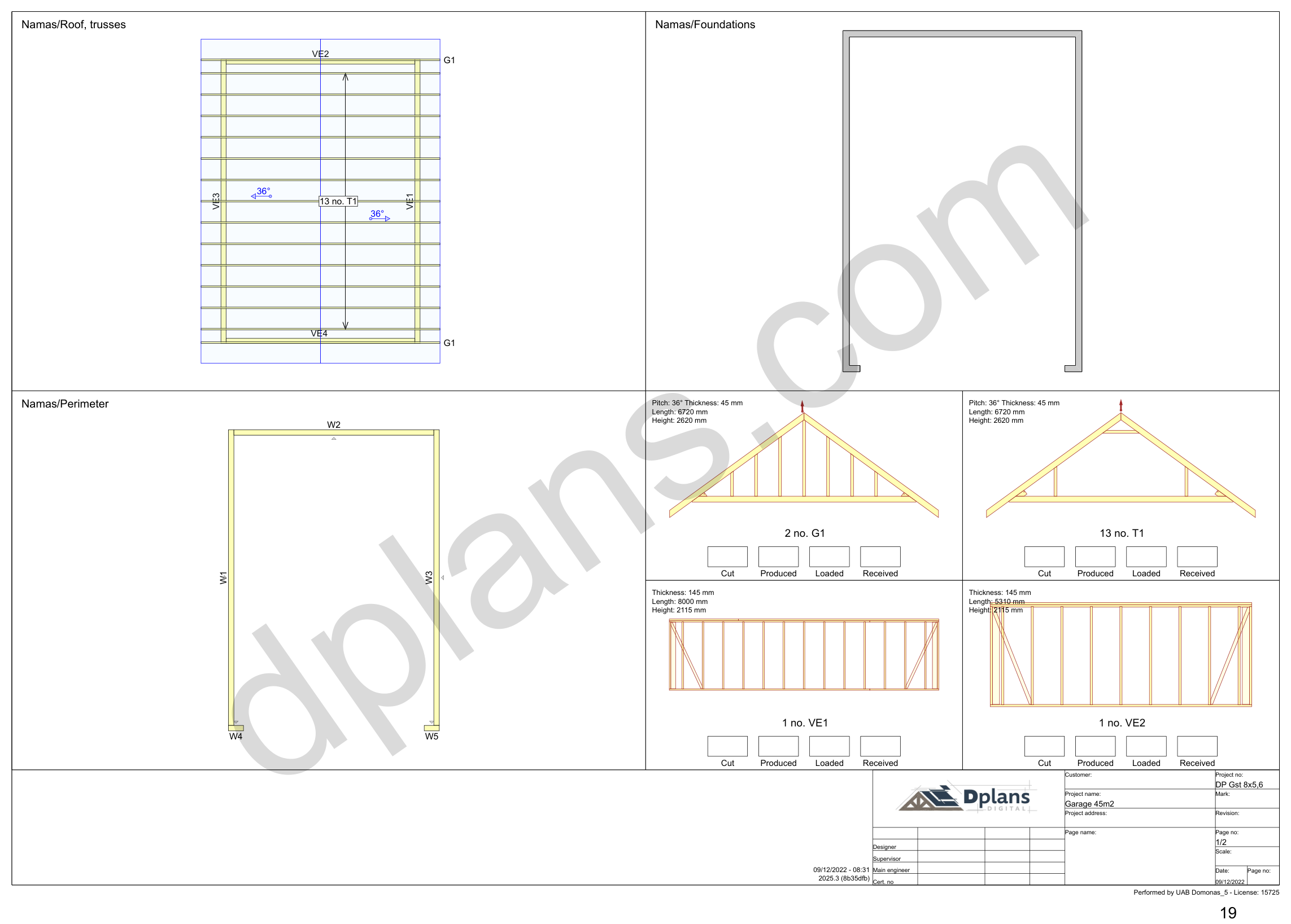 Byggetegning garage 8 x 5,6 m, oversigtsark med spærplan, fundament, omkreds og vægelementer (metrisk, mm)