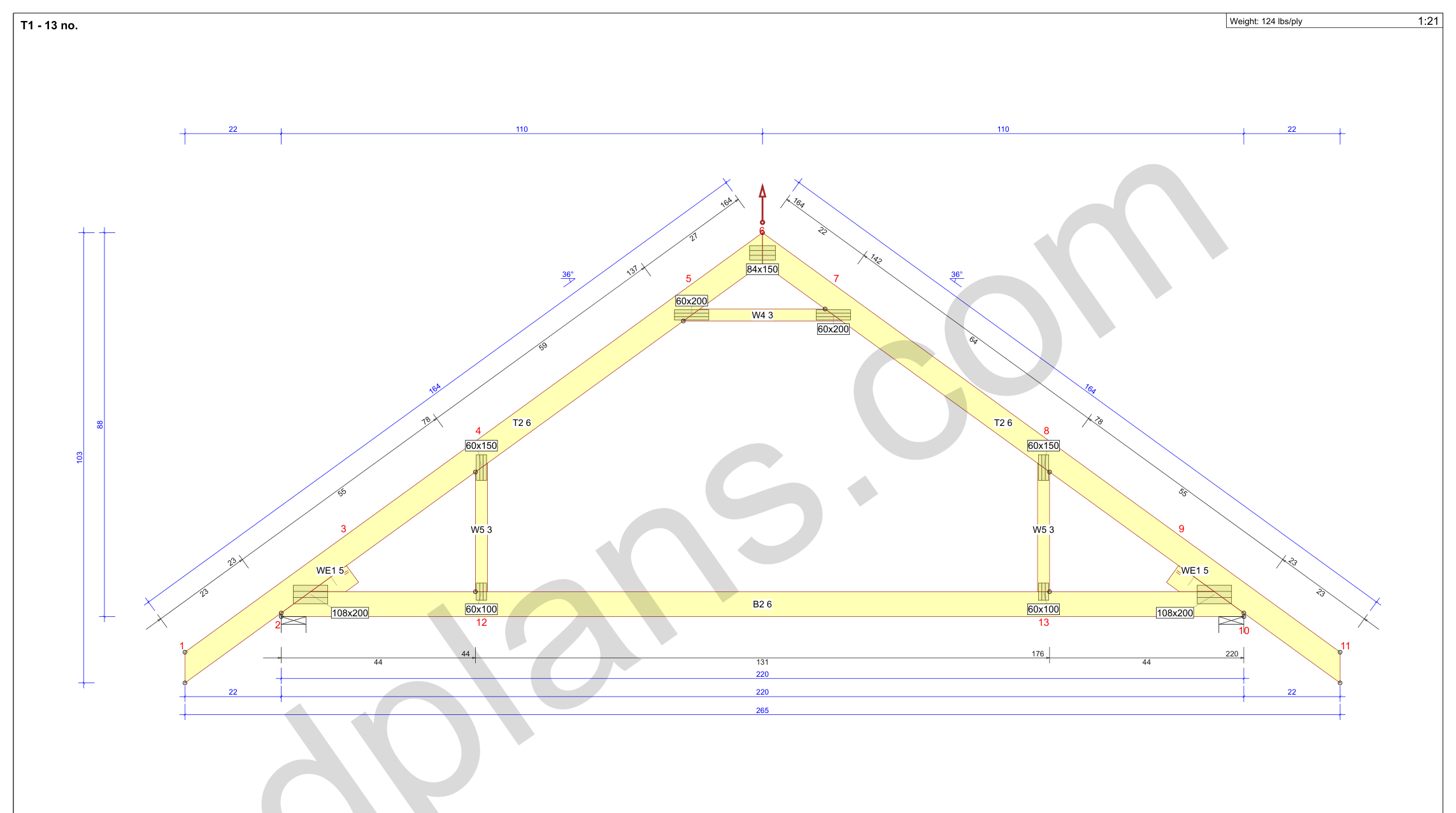 Byggetegning garage 8 x 5,6 m, spærtegning med dimensioner på gurter og diagonaler samt skæreliste (imperial, tommer)