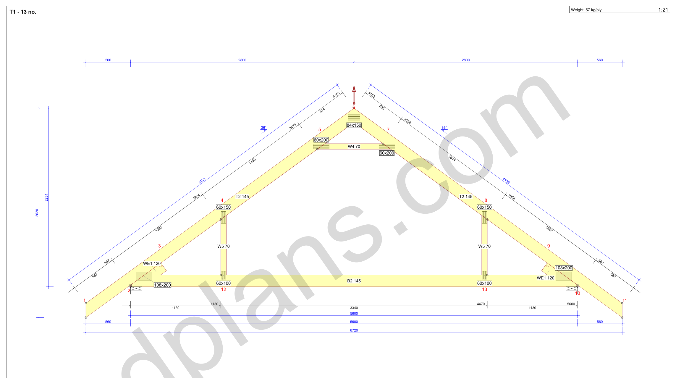 Byggetegning garage 8 x 5,6 m, spærtegning med dimensioner på gurter og diagonaler samt skæreliste (metrisk, mm)