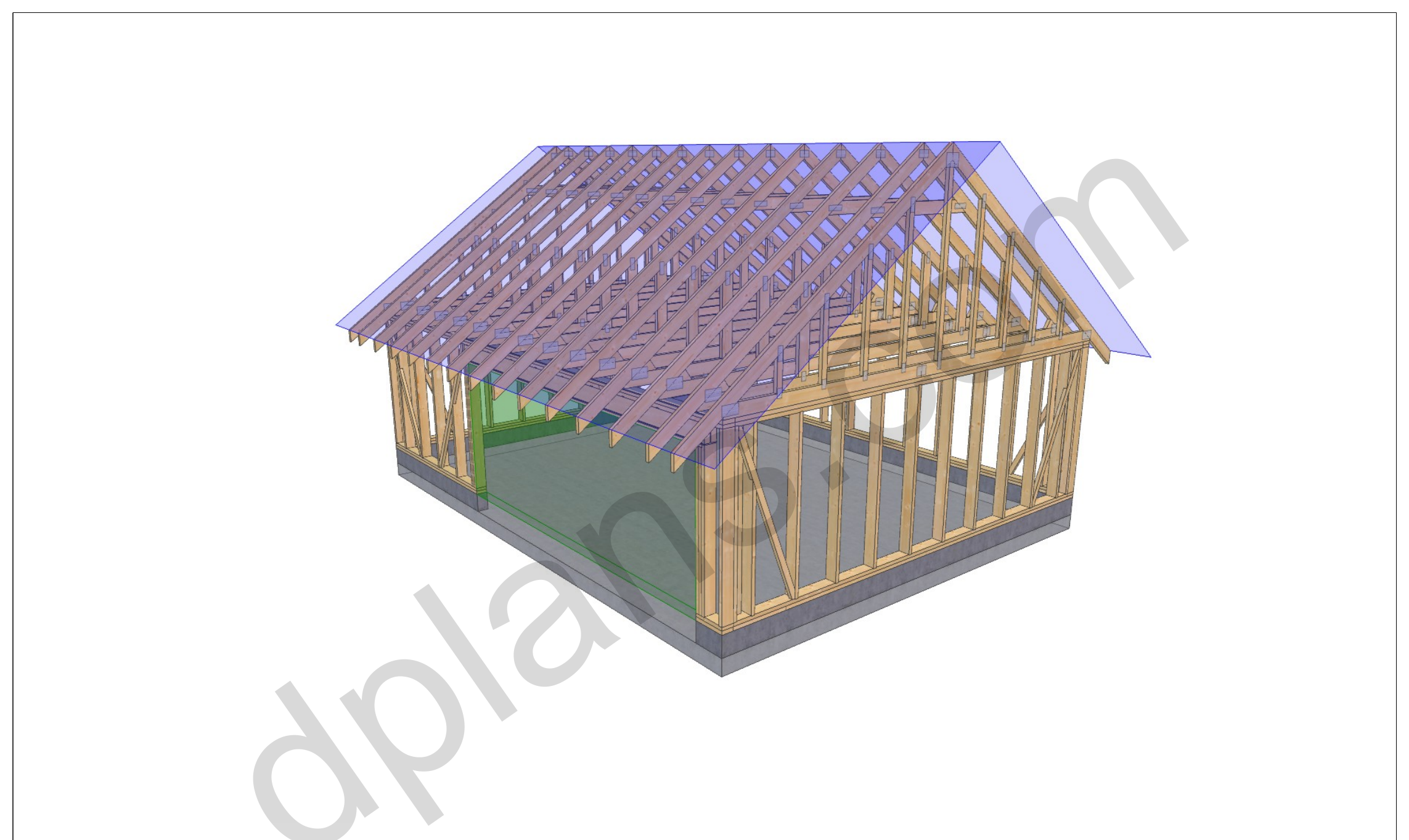26x20 garage plans, 3D framing view of the stud walls, bracing and roof trusses over the slab