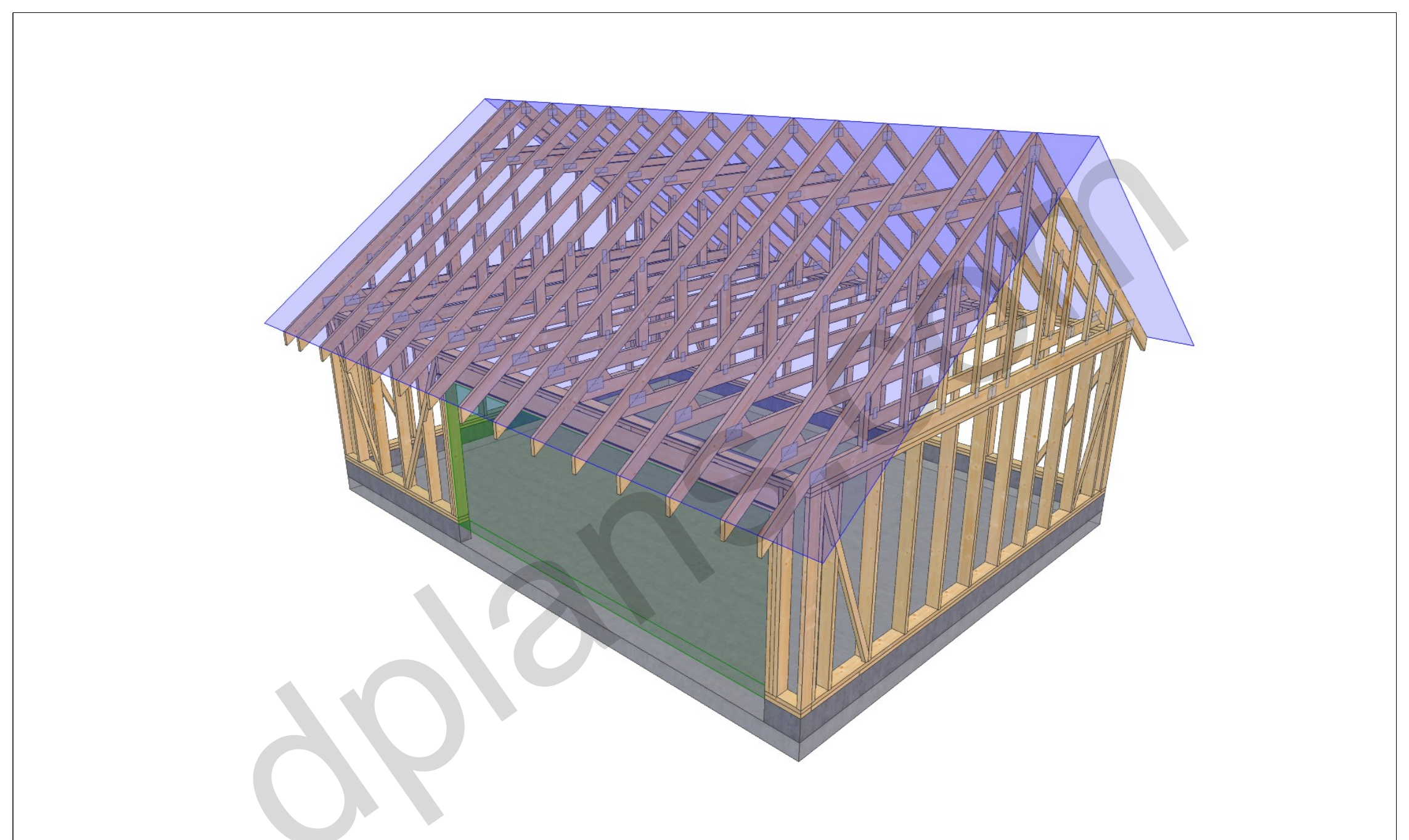 26x20 garage plans, 3D model of the timber frame garage with roof trusses on a concrete slab
