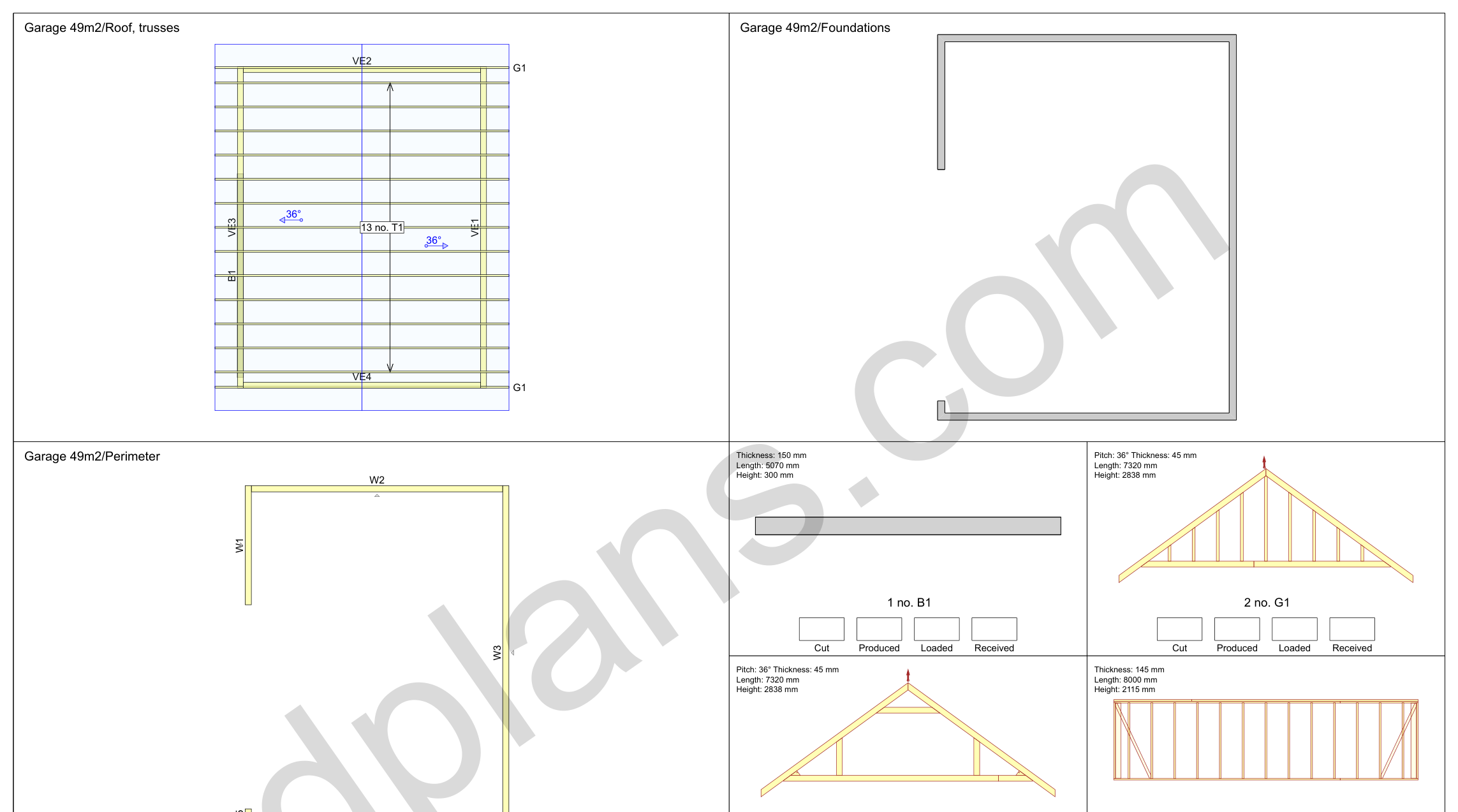 26x20 garage plans, overview sheet with the truss plan, foundation, perimeter and wall panels (metric, mm)