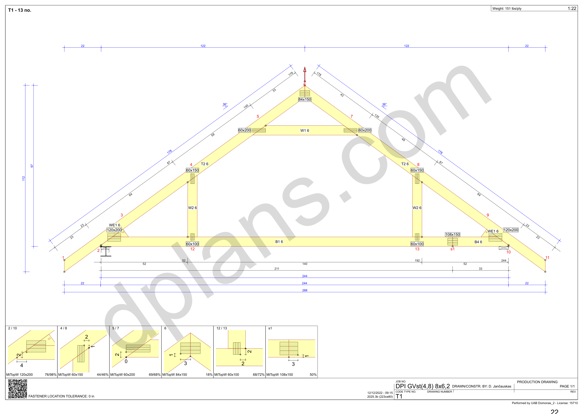 26x20 garage plans, roof truss drawing with chord and web sizes and the cutting list (imperial, inches)