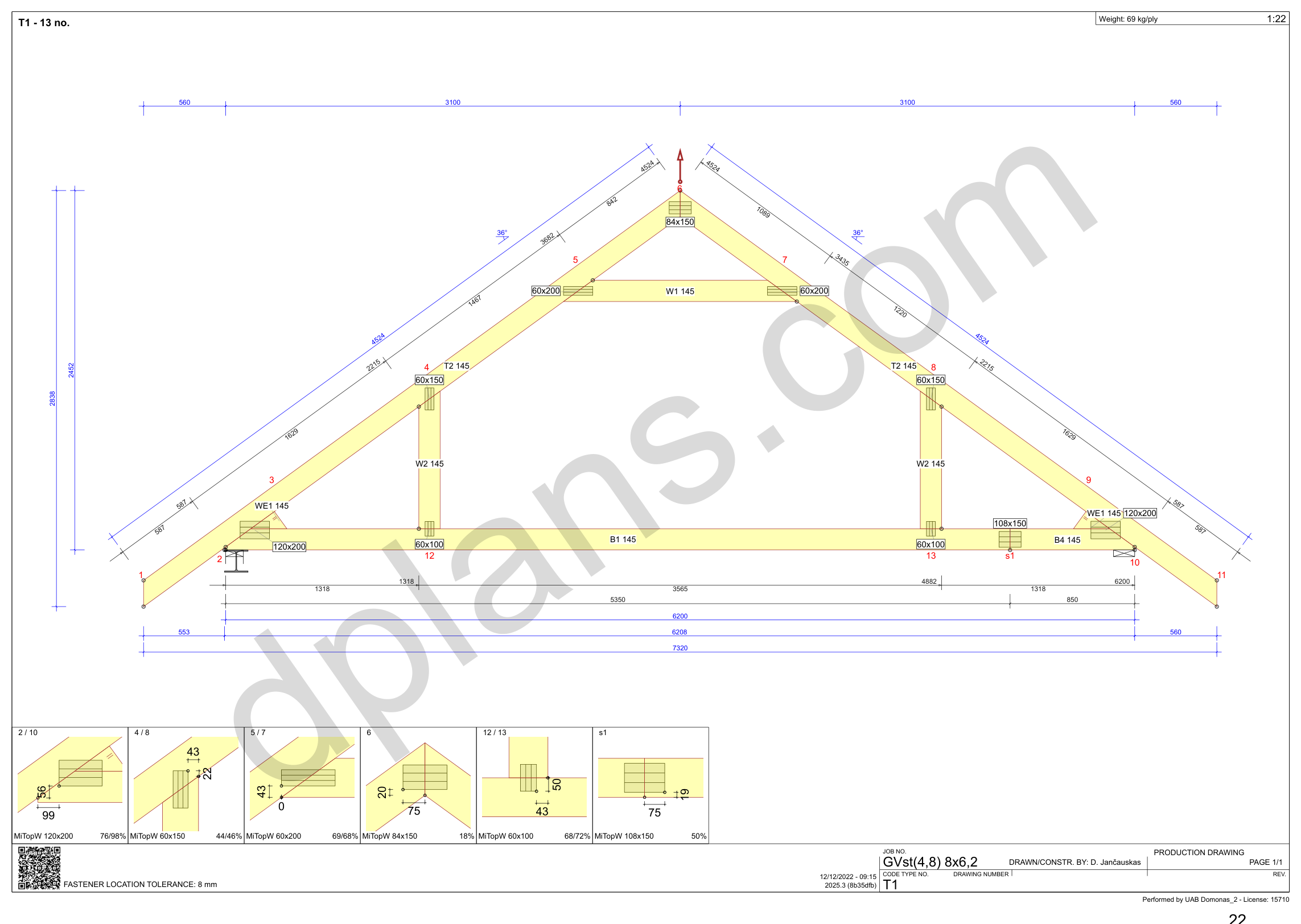 26x20 garage plans, roof truss drawing with chord and web sizes and the cutting list (metric, mm)