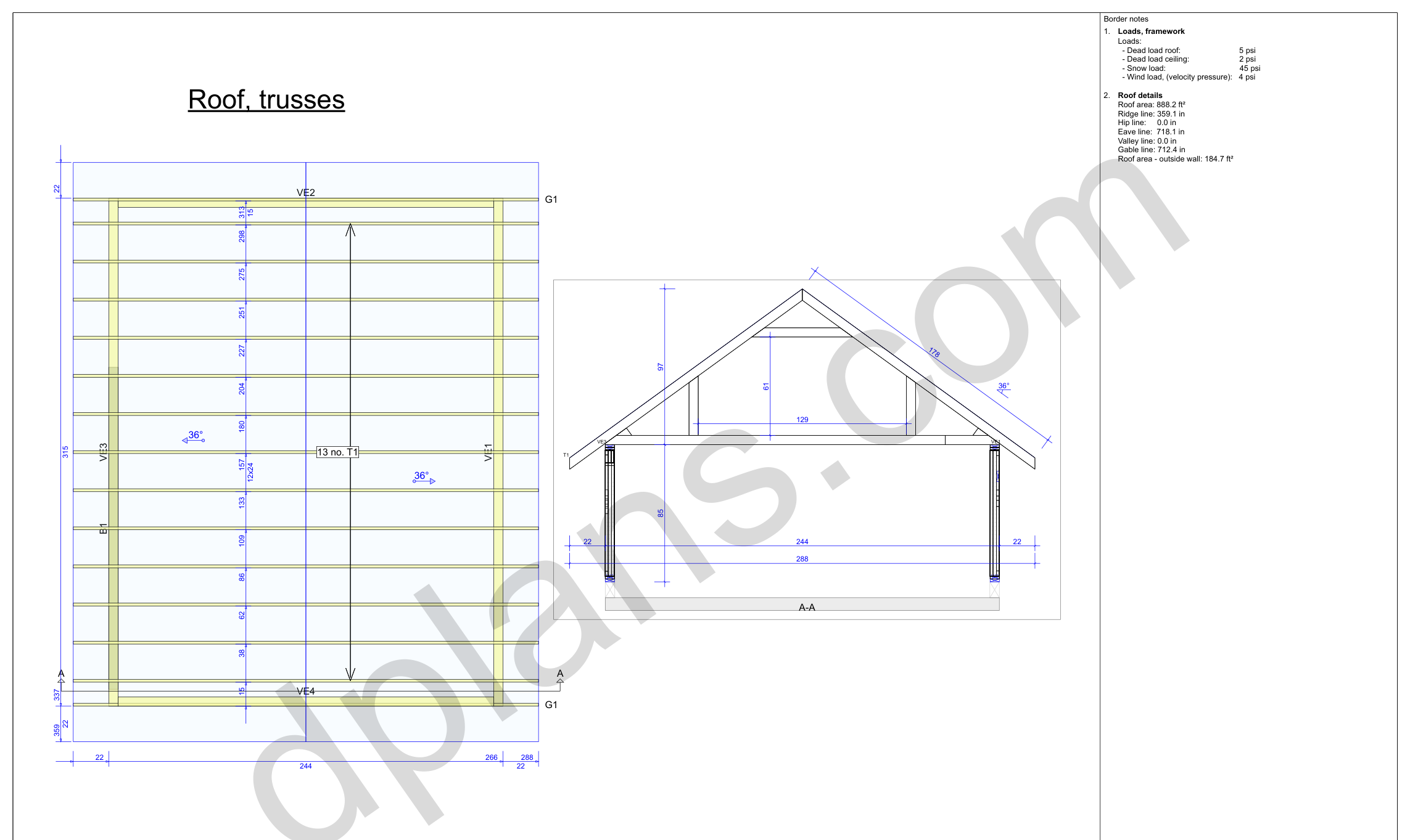 26x20 garage plans, roof truss layout plan and cross section with wall and ridge heights (imperial, inches)