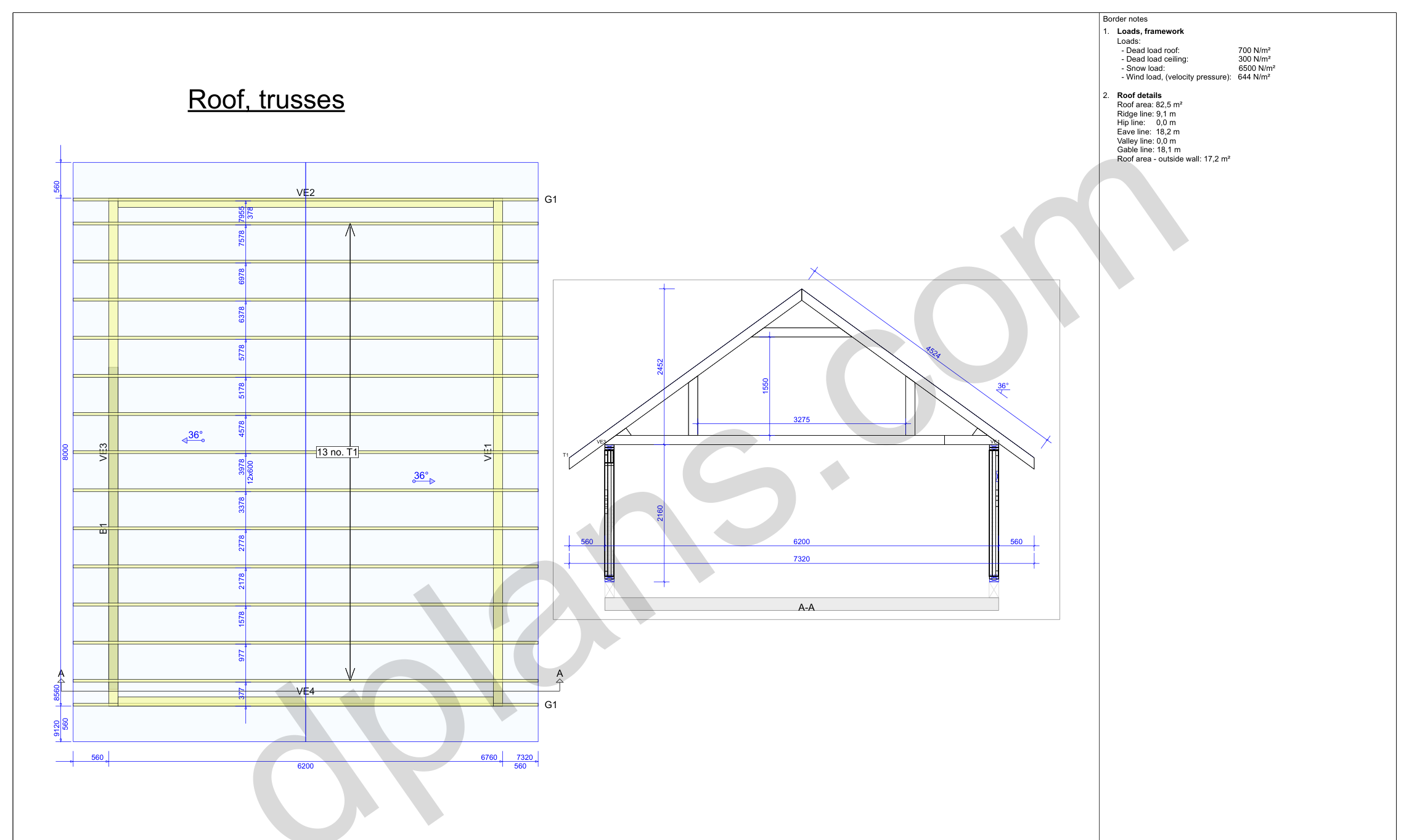 26x20 garage plans, roof truss layout plan and cross section with wall and ridge heights (metric, mm)