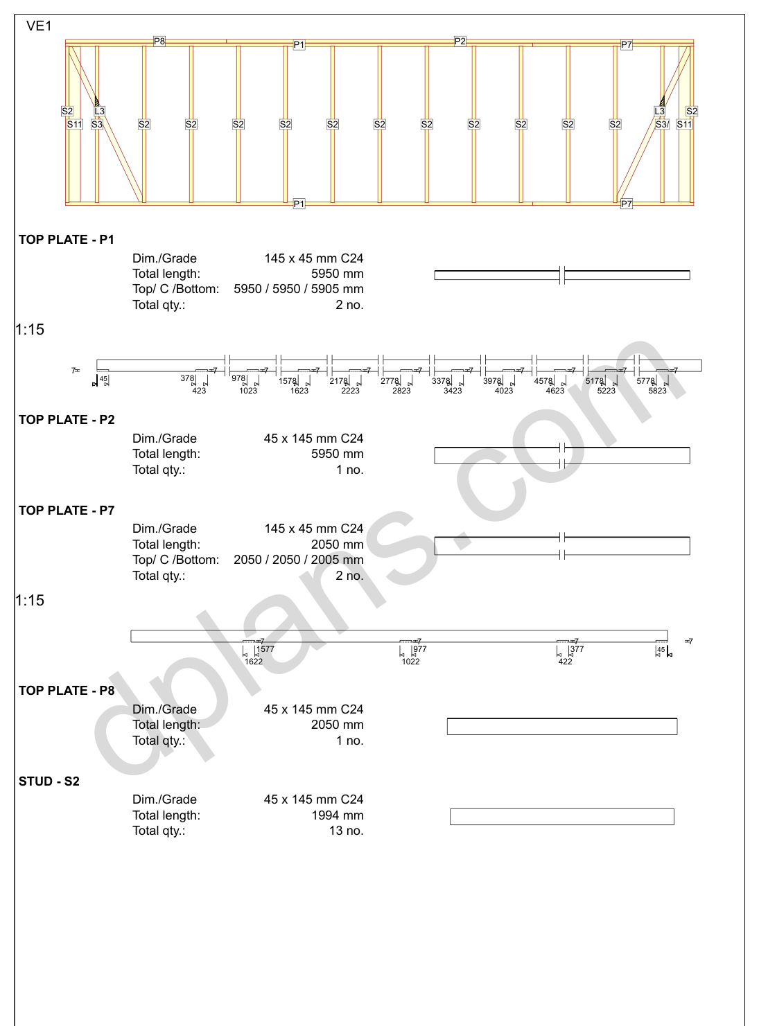 26x20 garage plans, wall panel framing elevation with stud spacing and the cut list (imperial, inches)