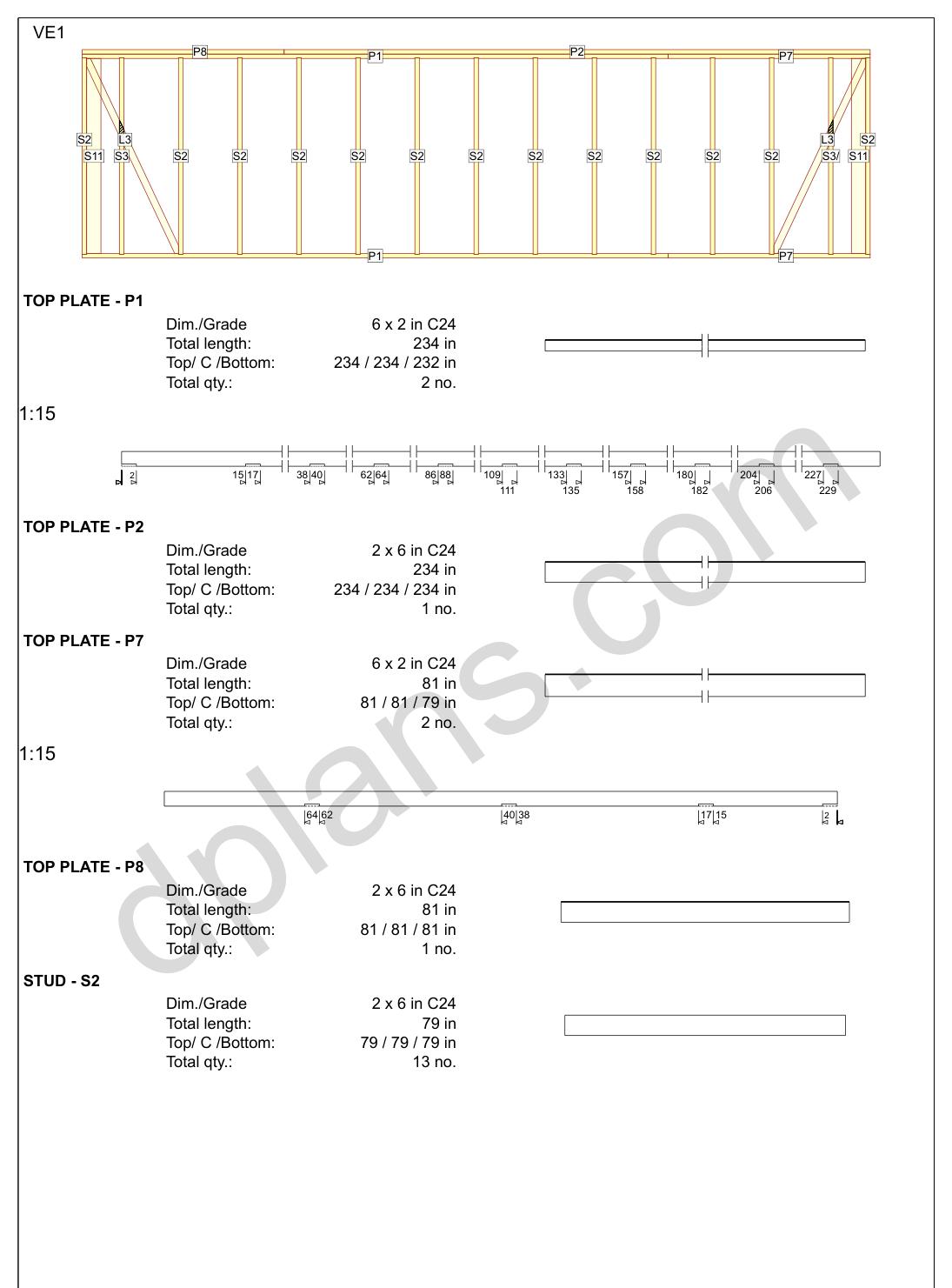 26x20 garage plans, wall panel framing elevation with stud spacing and the cut list (metric, mm)