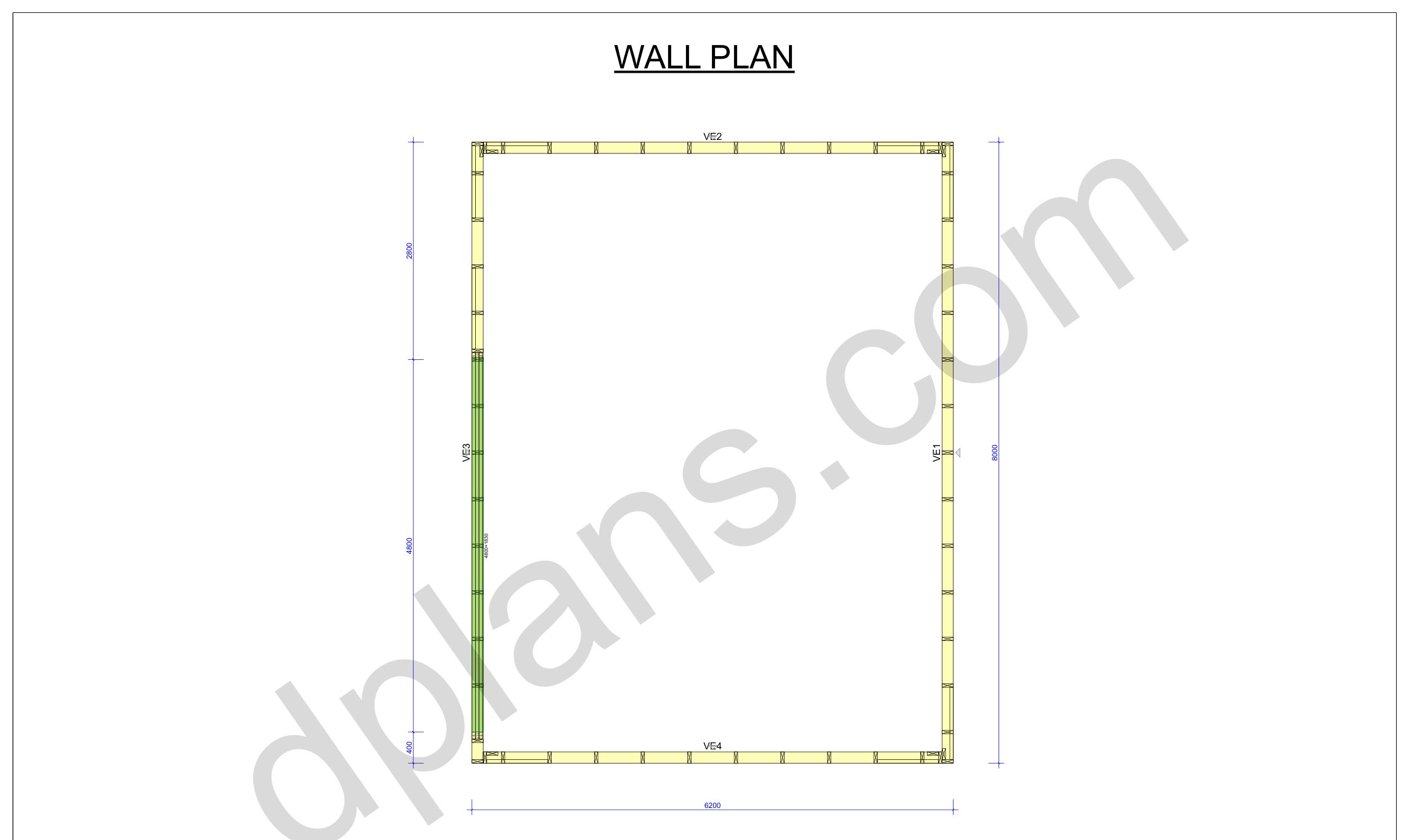 26x20 garage plans, wall layout plan with the four wall panels and the door opening (metric, mm)