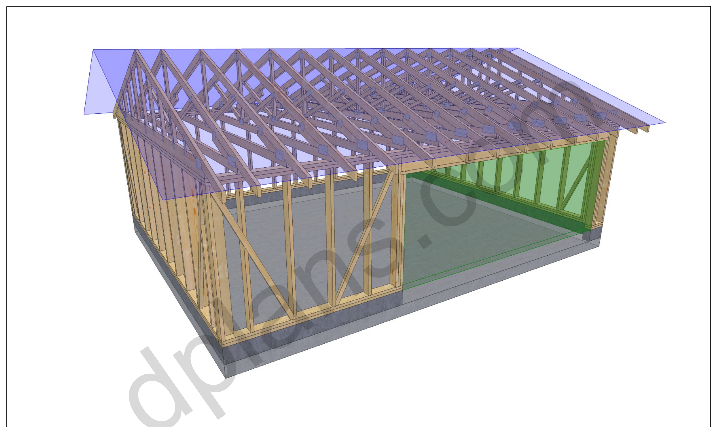 26x20 garage plans, 3D framing view of the stud walls, bracing and roof trusses over the slab