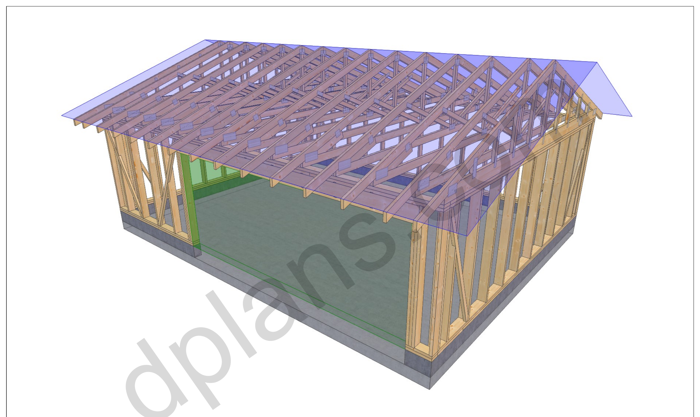 26x20 garage plans, 3D model of the timber frame garage with roof trusses on a concrete slab