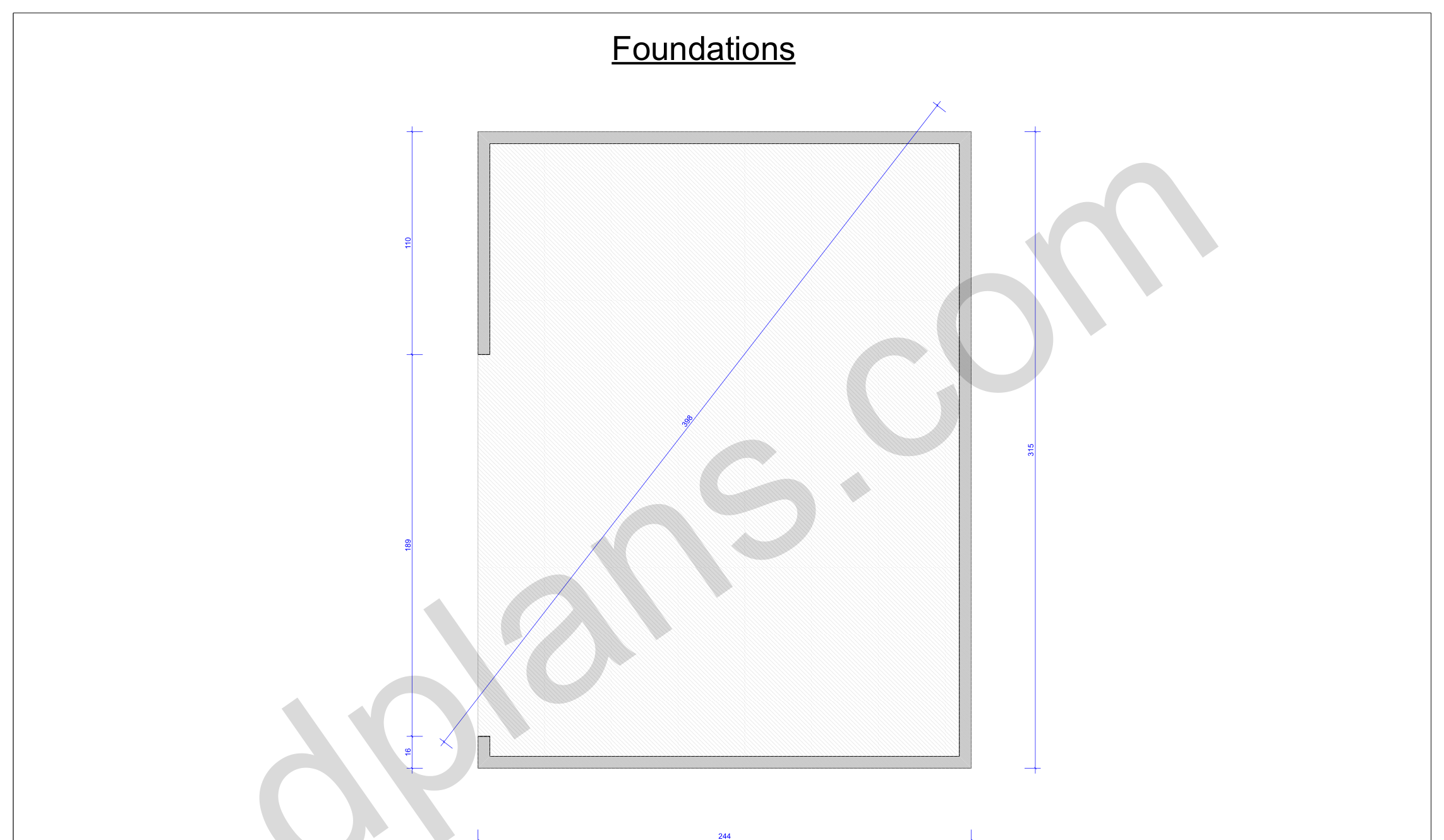 26x20 garage plans, foundation plan with the concrete slab outline and diagonal check (imperial, inches)