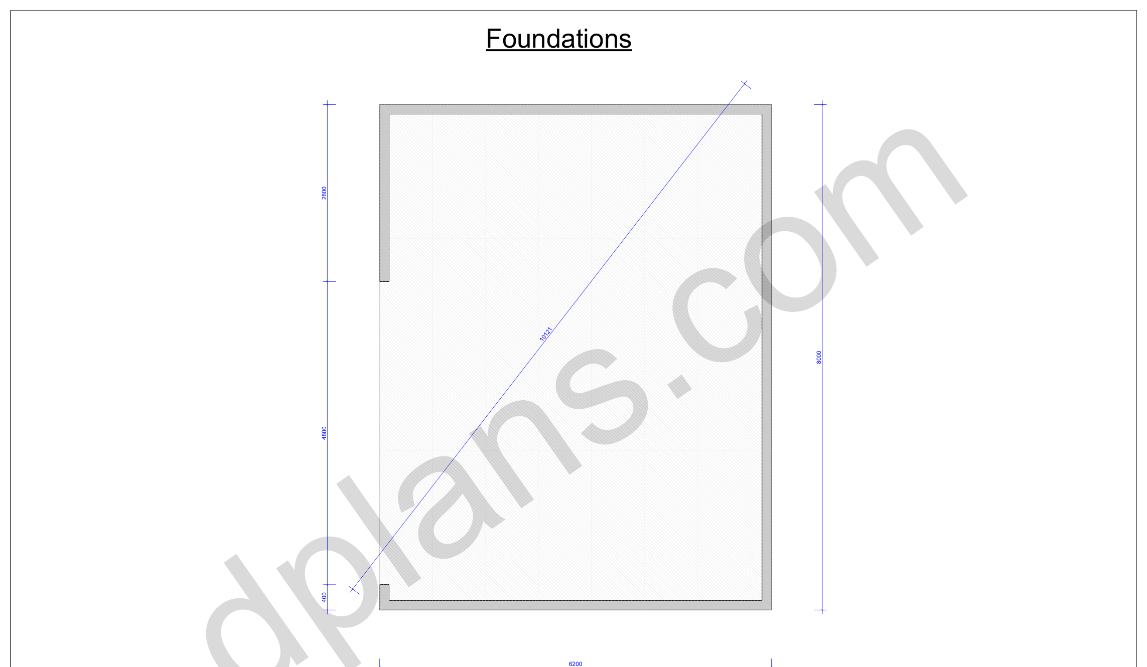 26x20 garage plans, foundation plan with the concrete slab outline and diagonal check (metric, mm)