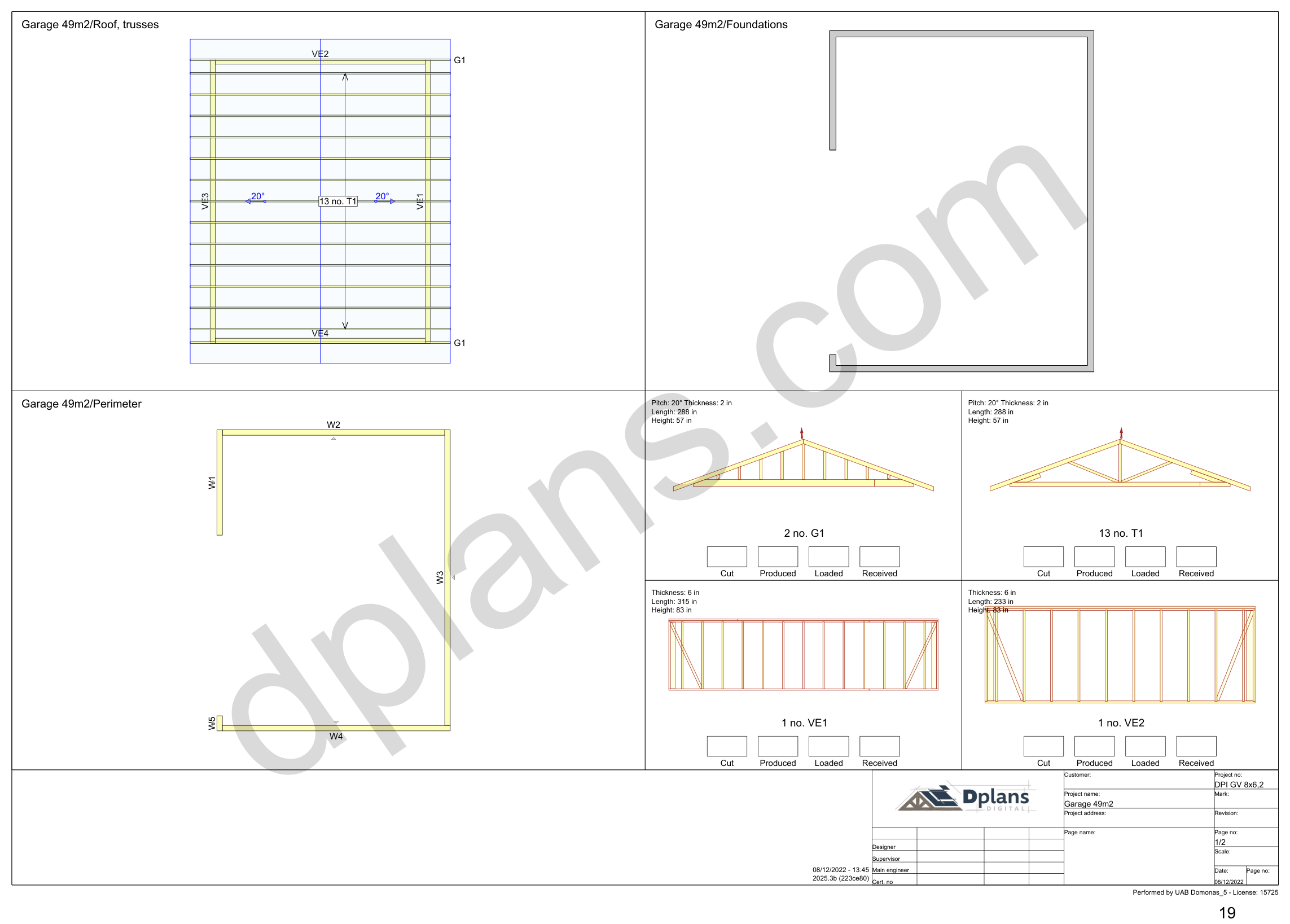 26x20 garage plans, overview sheet with the truss plan, foundation, perimeter and wall panels (imperial, inches)