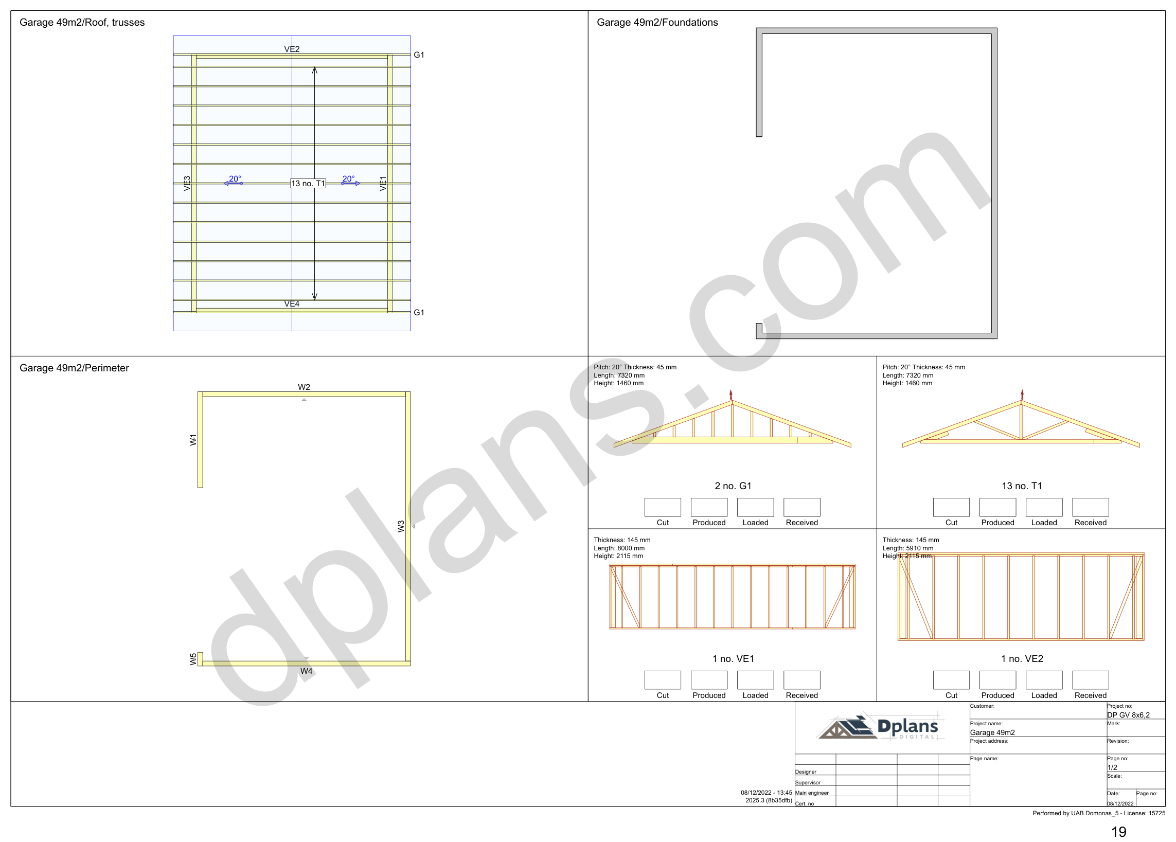 26x20 garage plans, overview sheet with the truss plan, foundation, perimeter and wall panels (metric, mm)