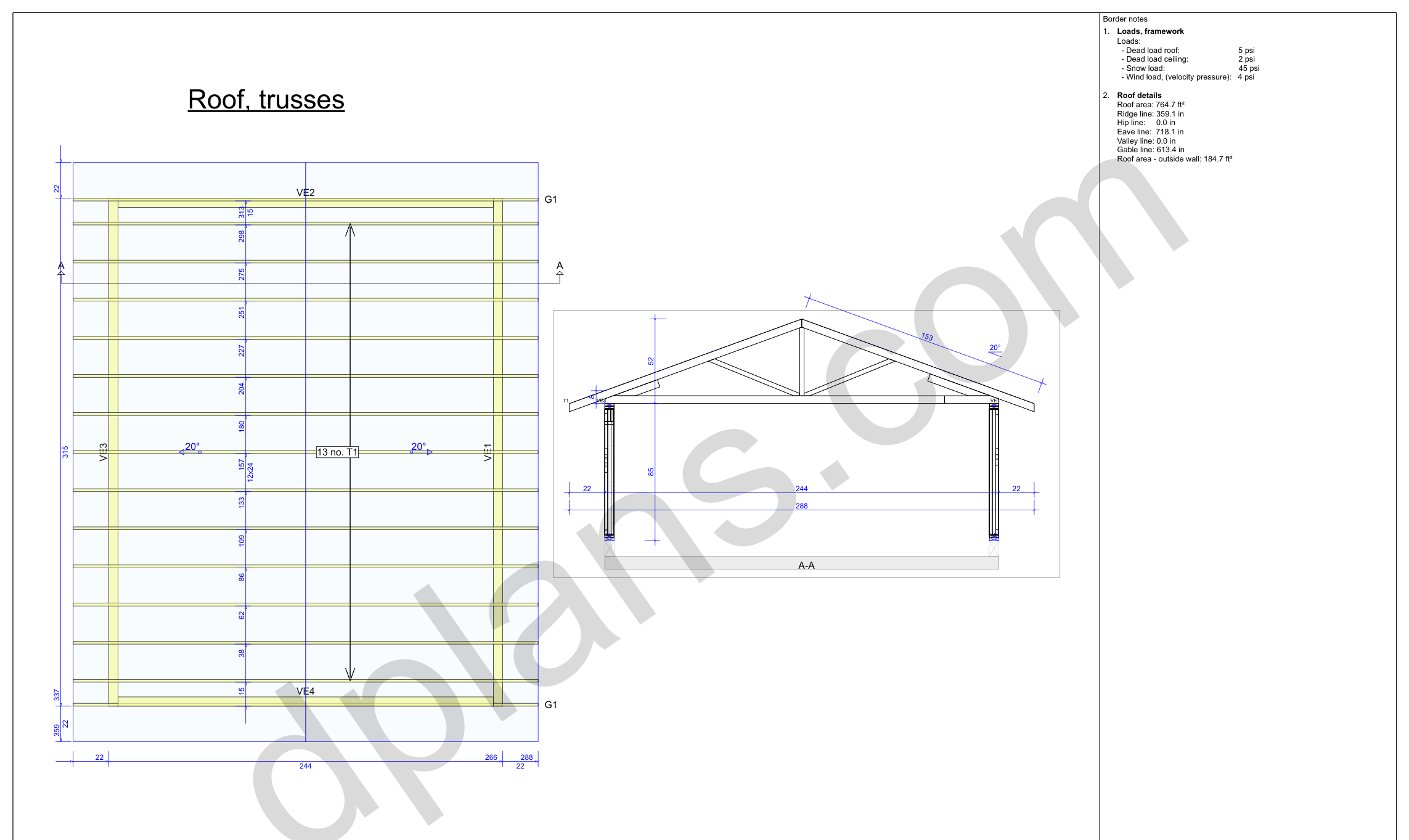 26x20 garage plans, roof truss layout plan and cross section with wall and ridge heights (imperial, inches)