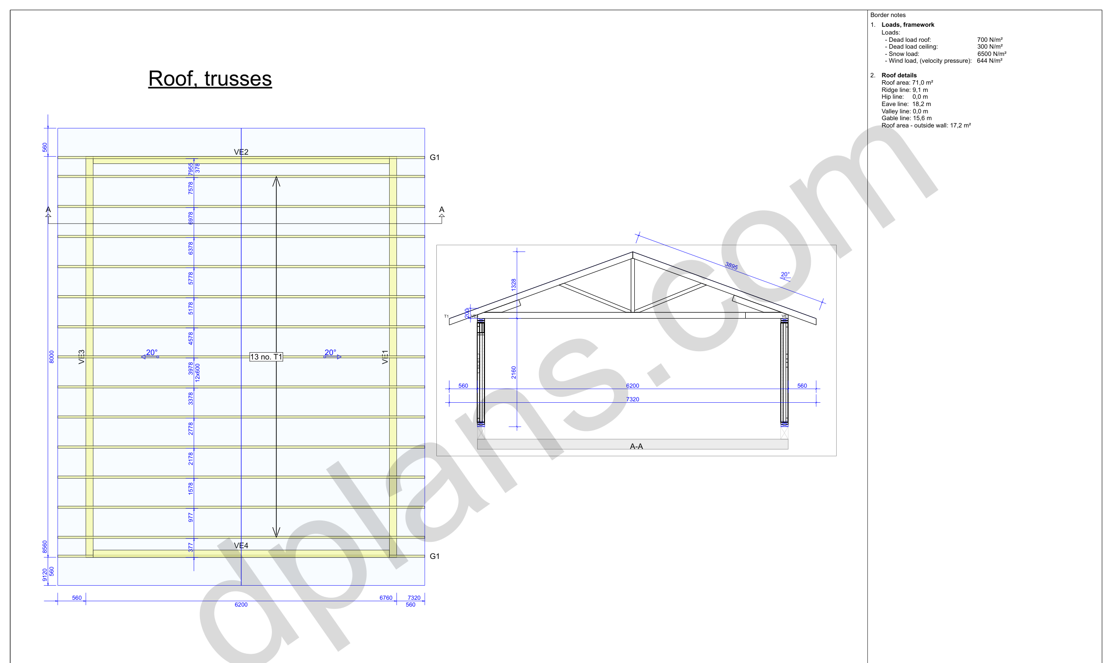 26x20 garage plans, roof truss layout plan and cross section with wall and ridge heights (metric, mm)