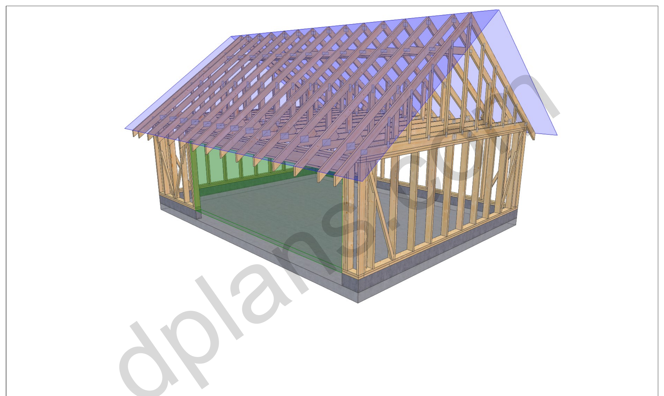 26x20 low pitch garage plans, 3D corner view of the timber frame with the 18 ft side door opening