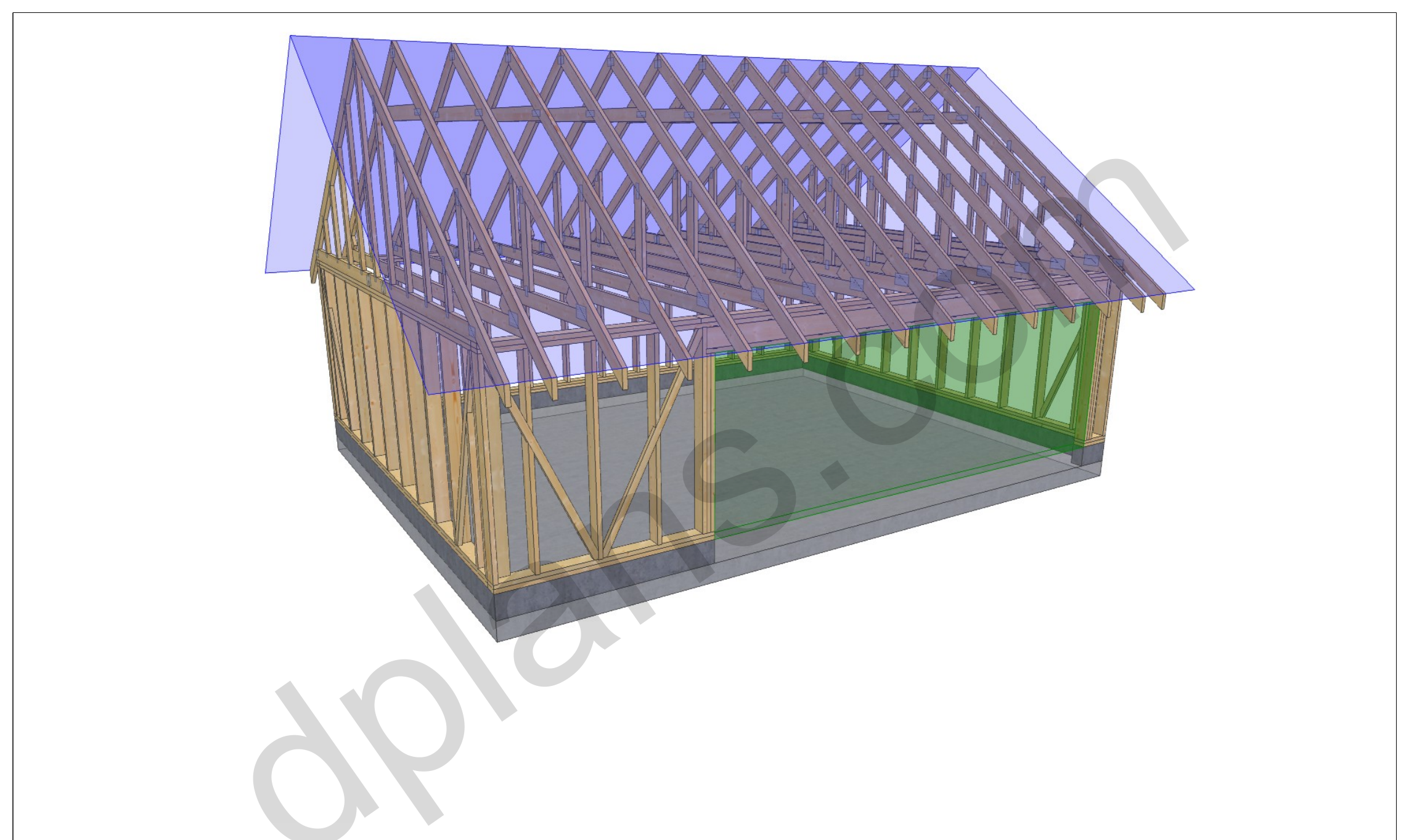 26x20 low pitch garage plans, 3D view of the long side wall door opening and the roof trusses