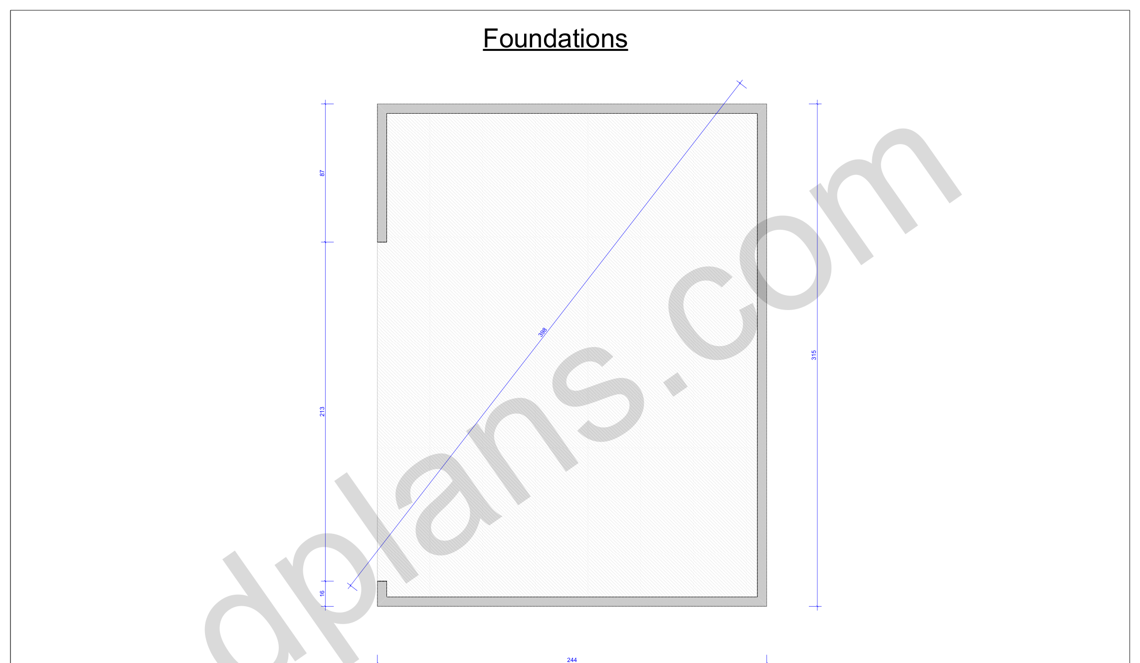 26x20 garage plans, foundation plan with the concrete slab outline and diagonal check (imperial, inches)