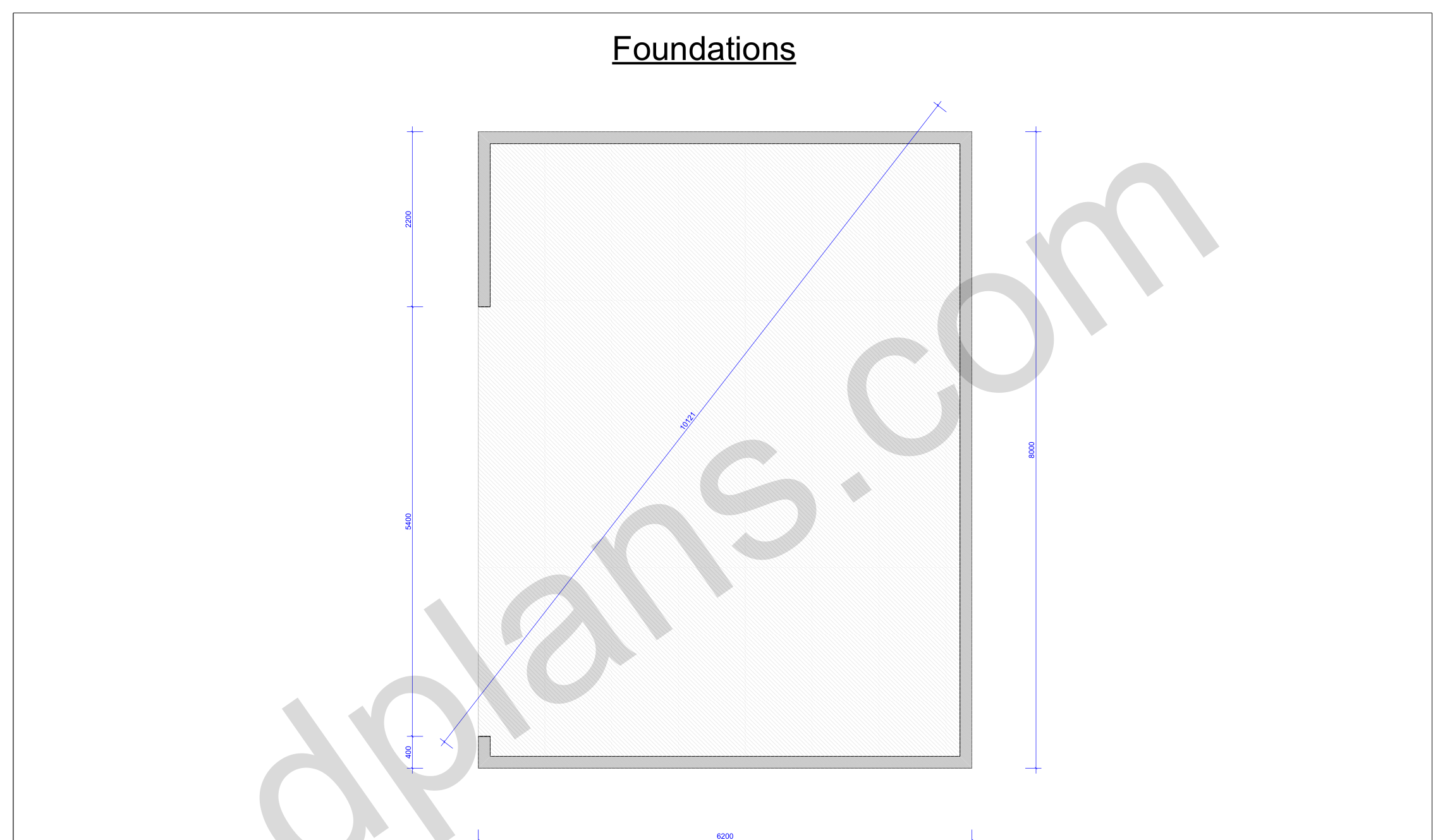26x20 garage plans, foundation plan with the concrete slab outline and diagonal check (metric, mm)