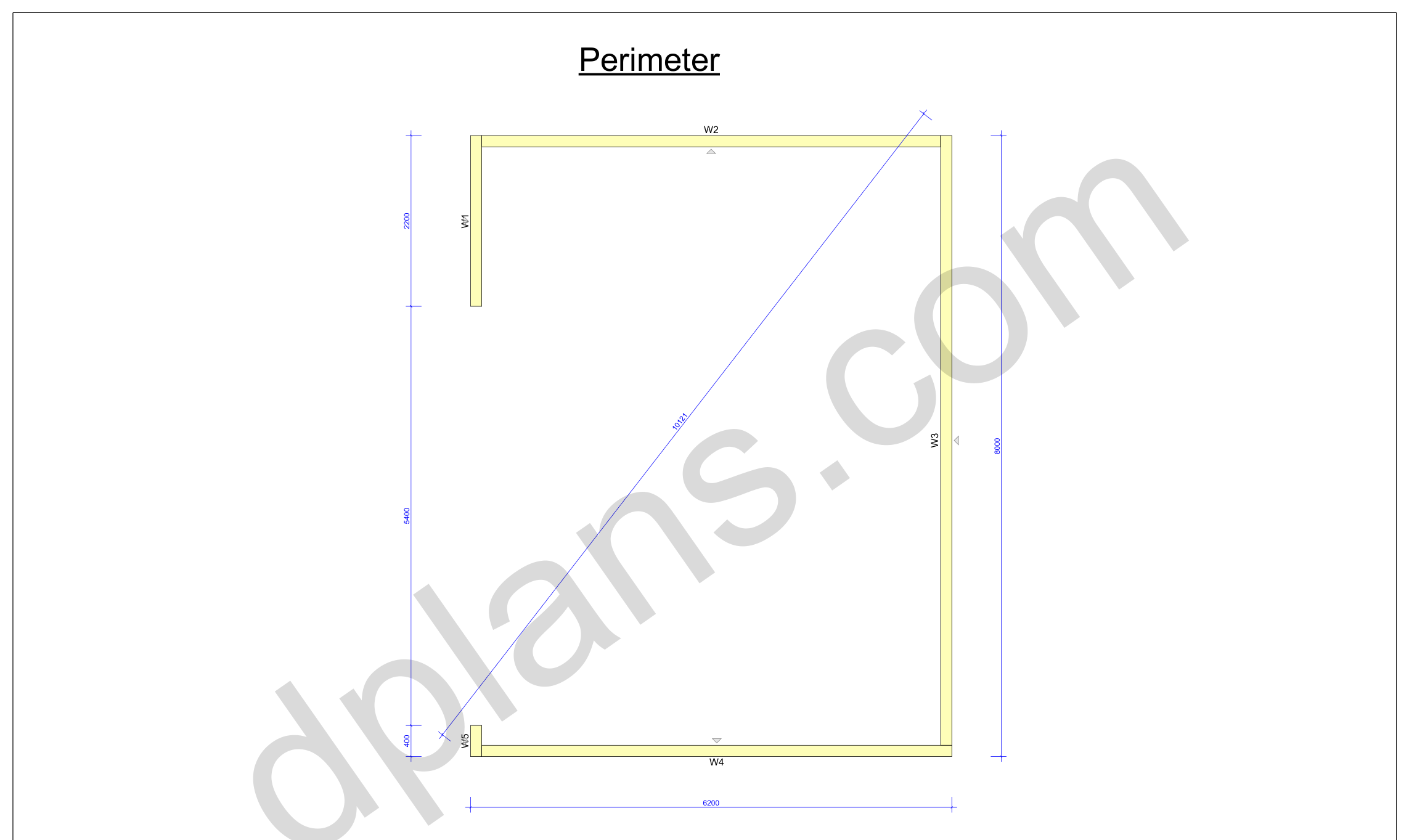 26x20 garage plans, perimeter plan with the wall plates, door opening and diagonal check (metric, mm)