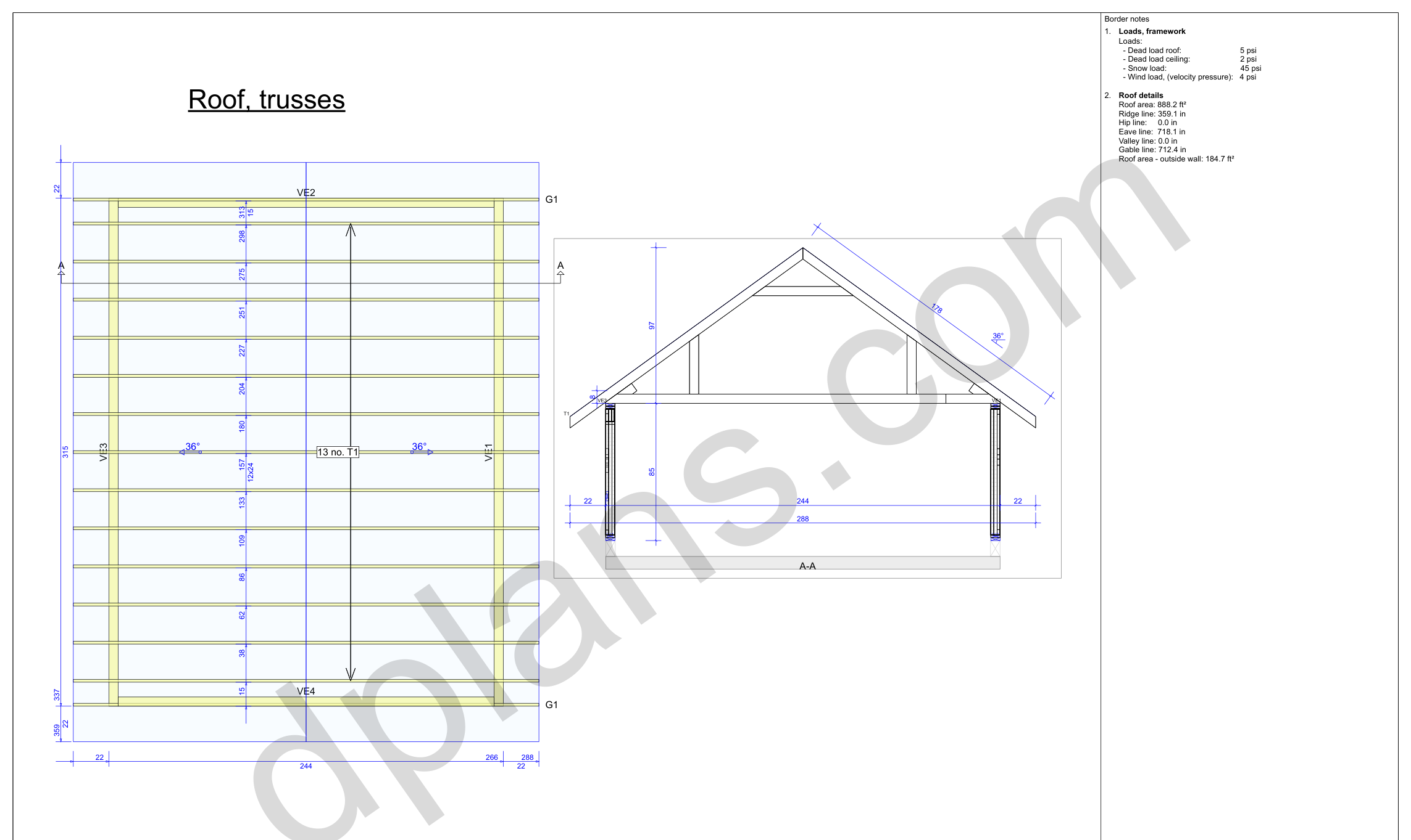 26x20 garage plans, roof truss layout plan and cross section with wall and ridge heights (imperial, inches)