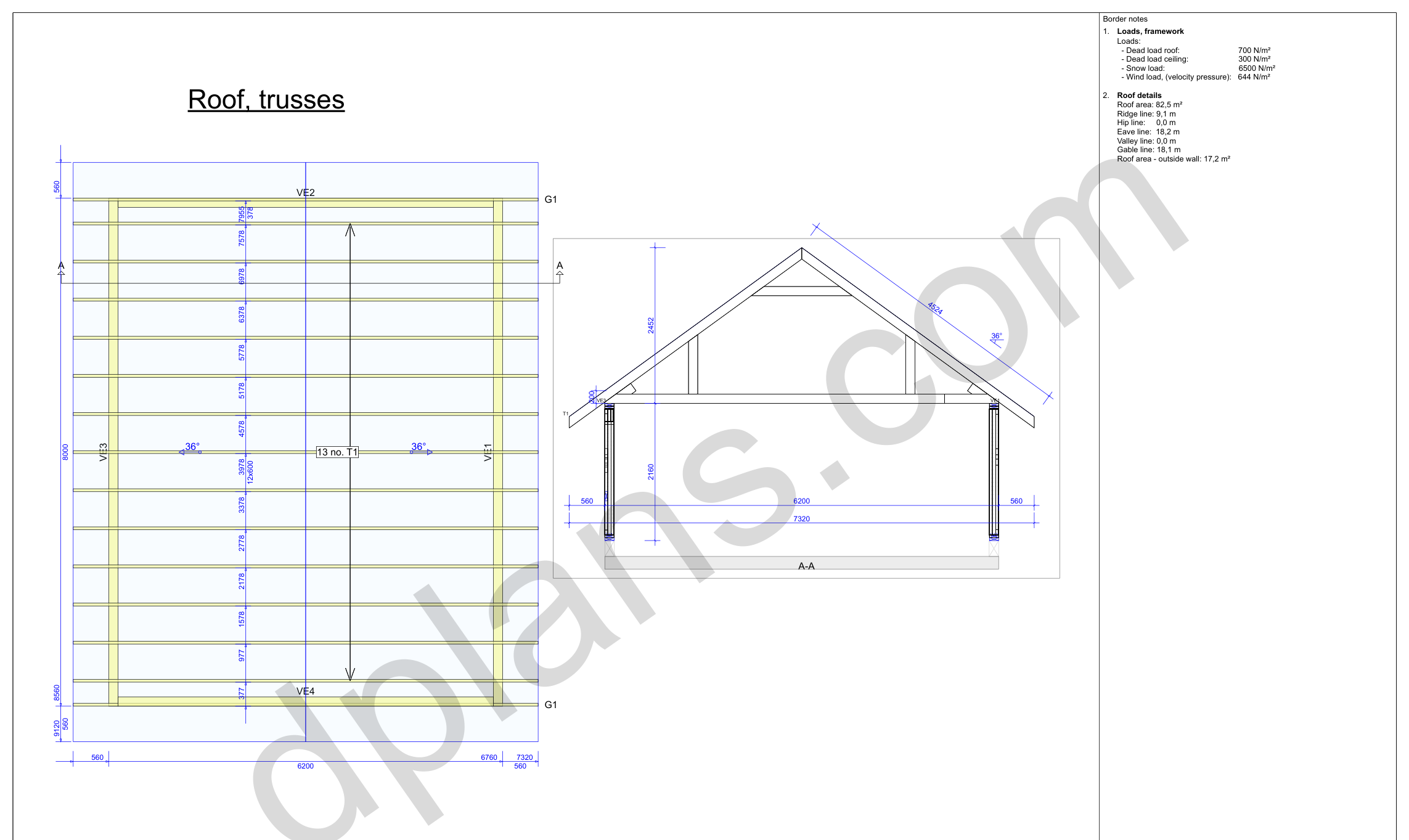 26x20 garage plans, roof truss layout plan and cross section with wall and ridge heights (metric, mm)