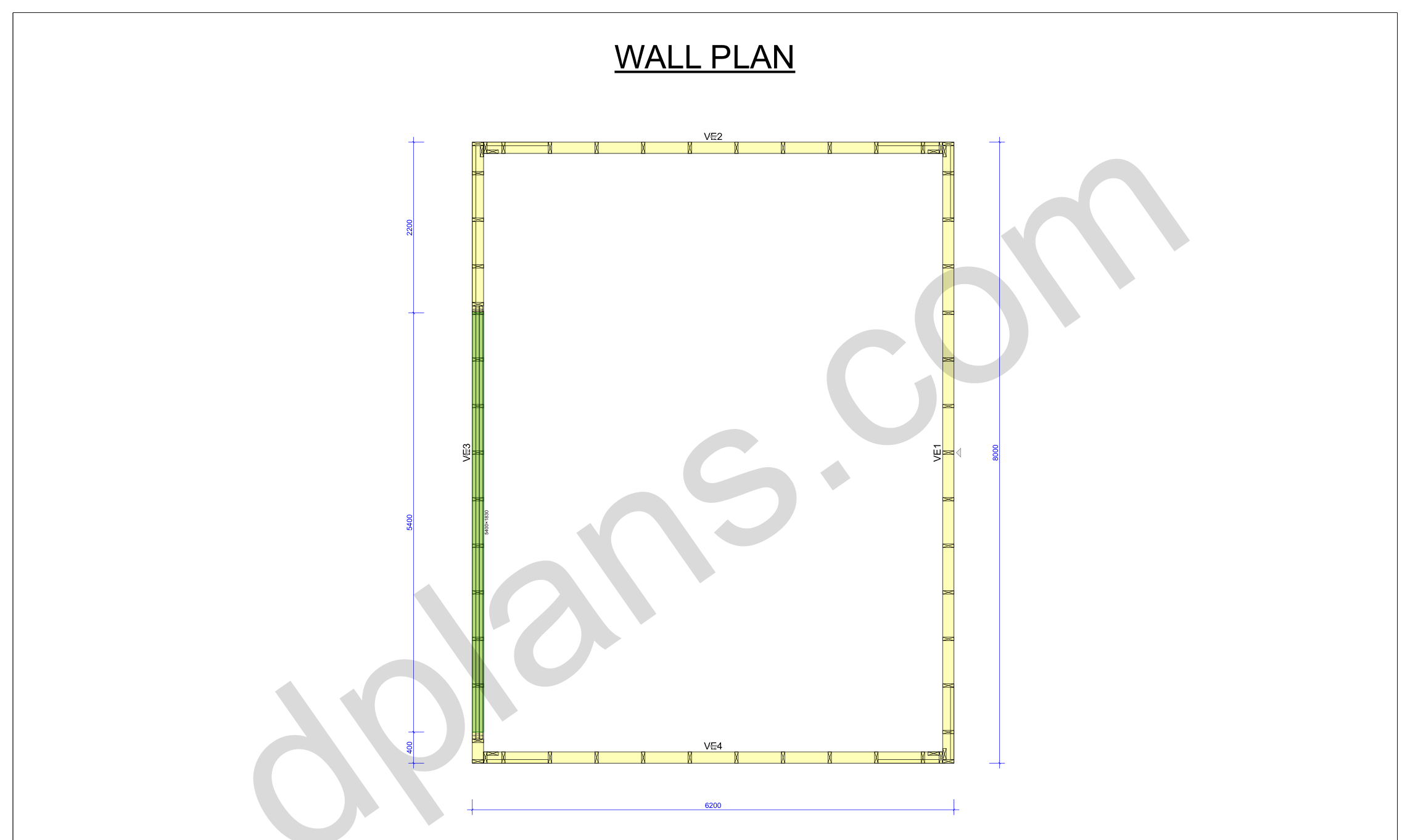 26x20 garage plans, wall layout plan with the four wall panels and the door opening (metric, mm)