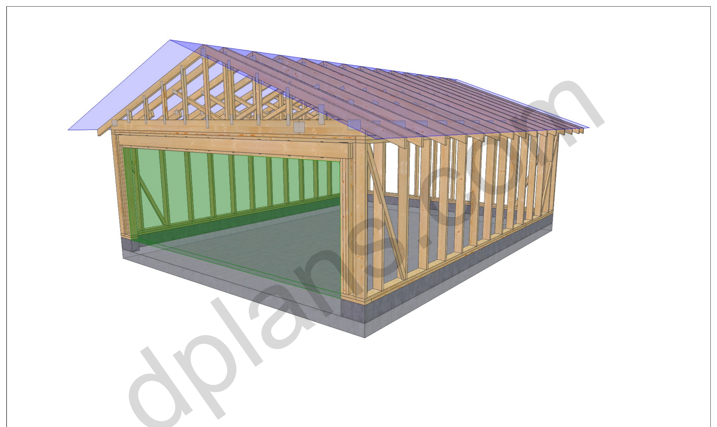 26x20 garage plans, 3D framing view of the stud walls, bracing and roof trusses over the slab