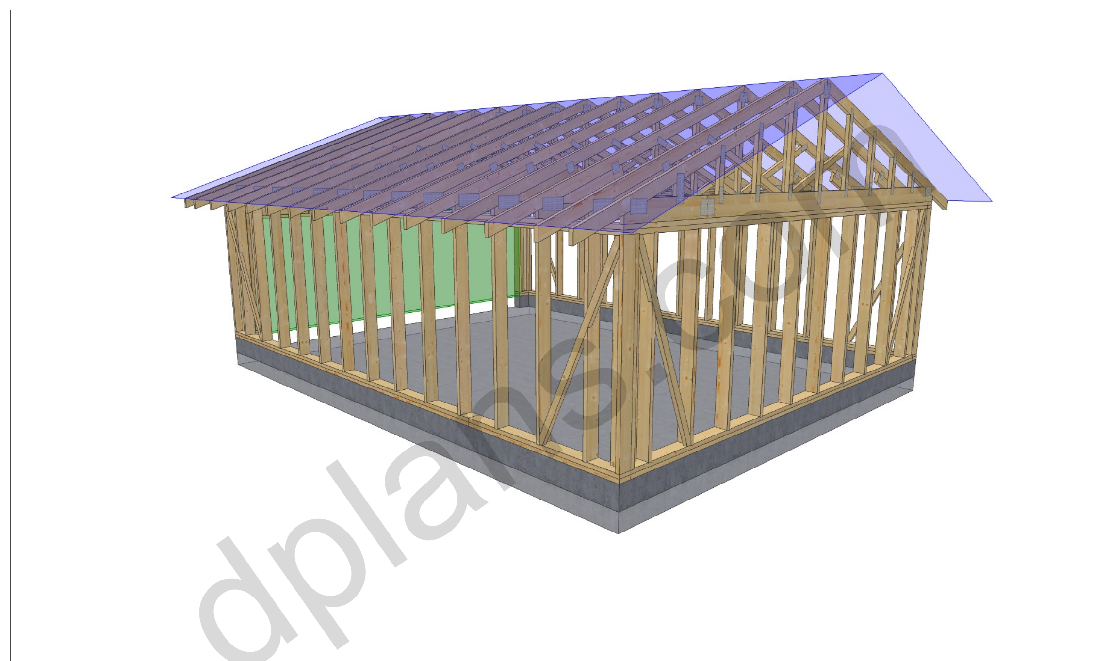26x20 garage plans, 3D model of the timber frame garage with roof trusses on a concrete slab