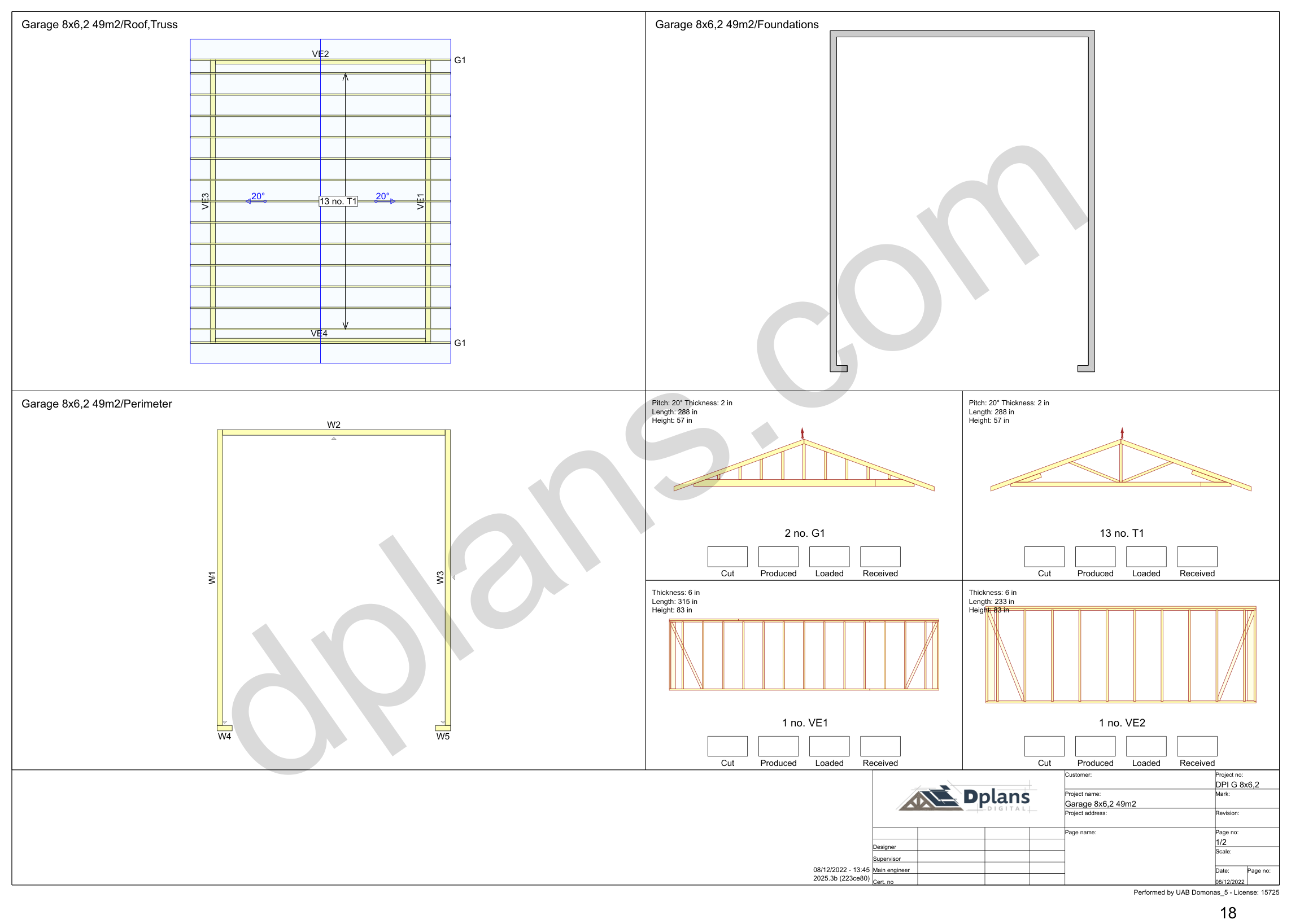 26x20 garage plans, overview sheet with the truss plan, foundation, perimeter and wall panels (imperial, inches)