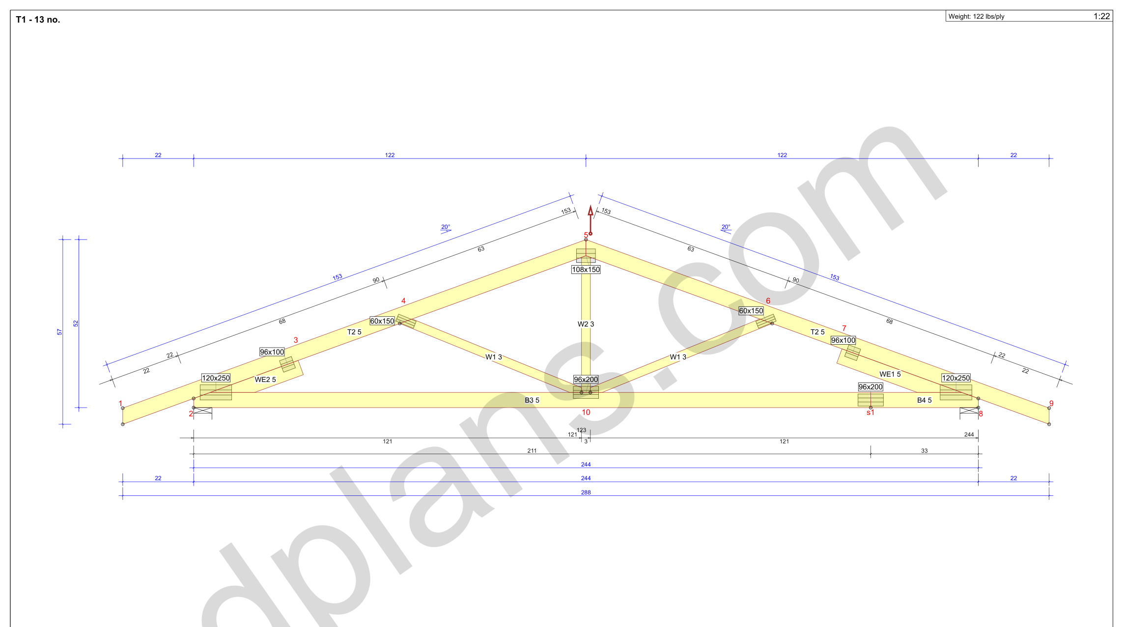 26x20 garage plans, roof truss drawing with chord and web sizes and the cutting list (imperial, inches)