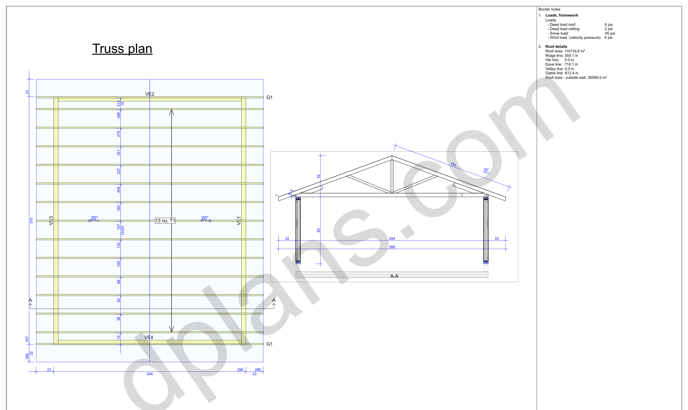 26x20 garage plans, roof truss layout plan and cross section with wall and ridge heights (imperial, inches)