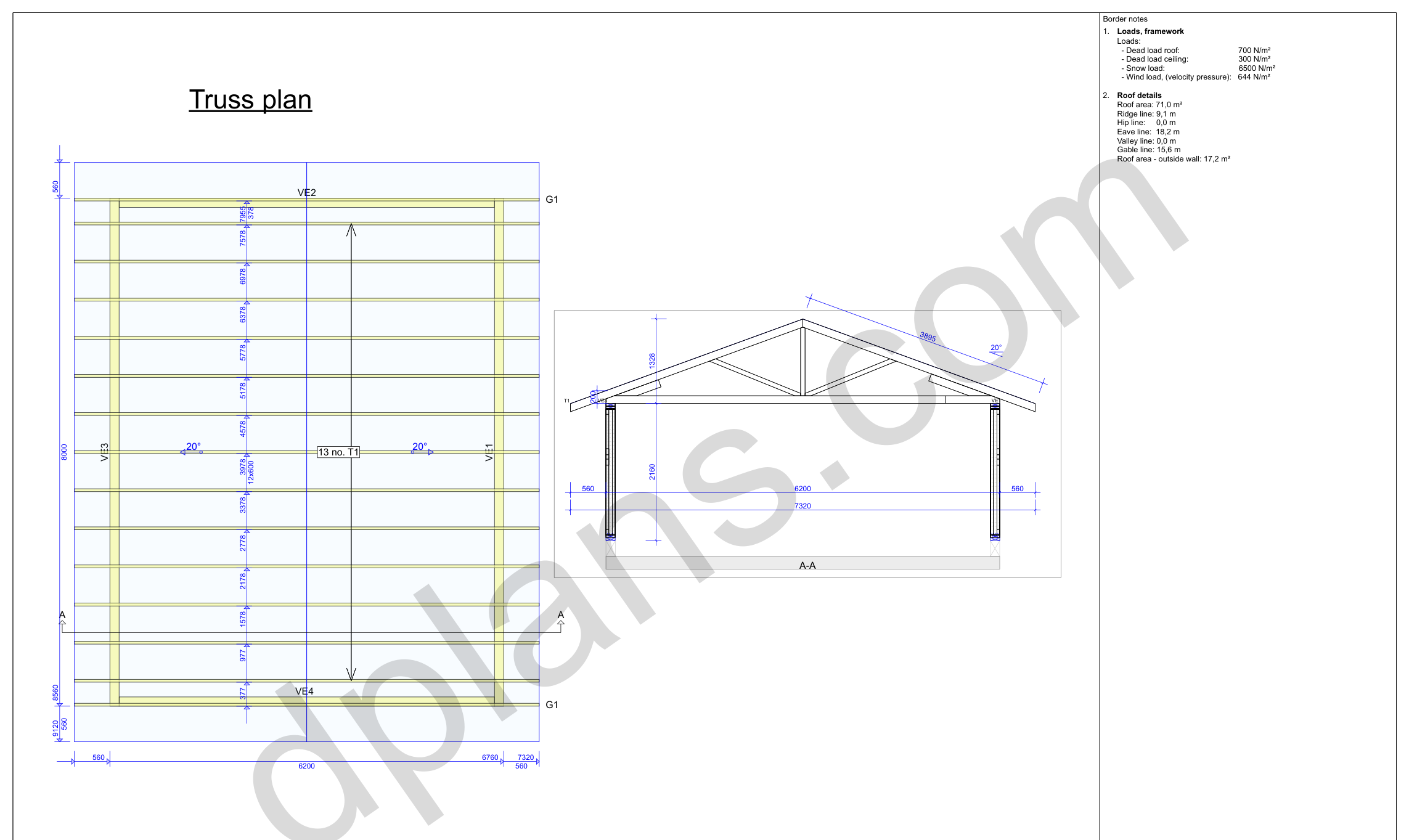 26x20 garage plans, roof truss layout plan and cross section with wall and ridge heights (metric, mm)