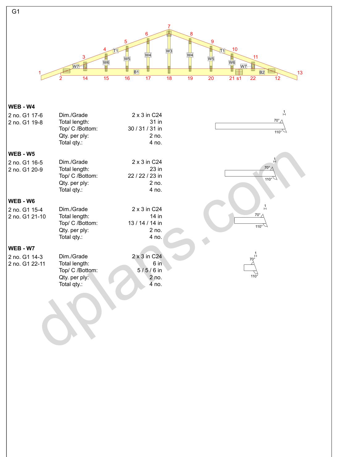 26x20 garage plans, wall panel framing elevation with stud spacing and the cut list (imperial, inches)