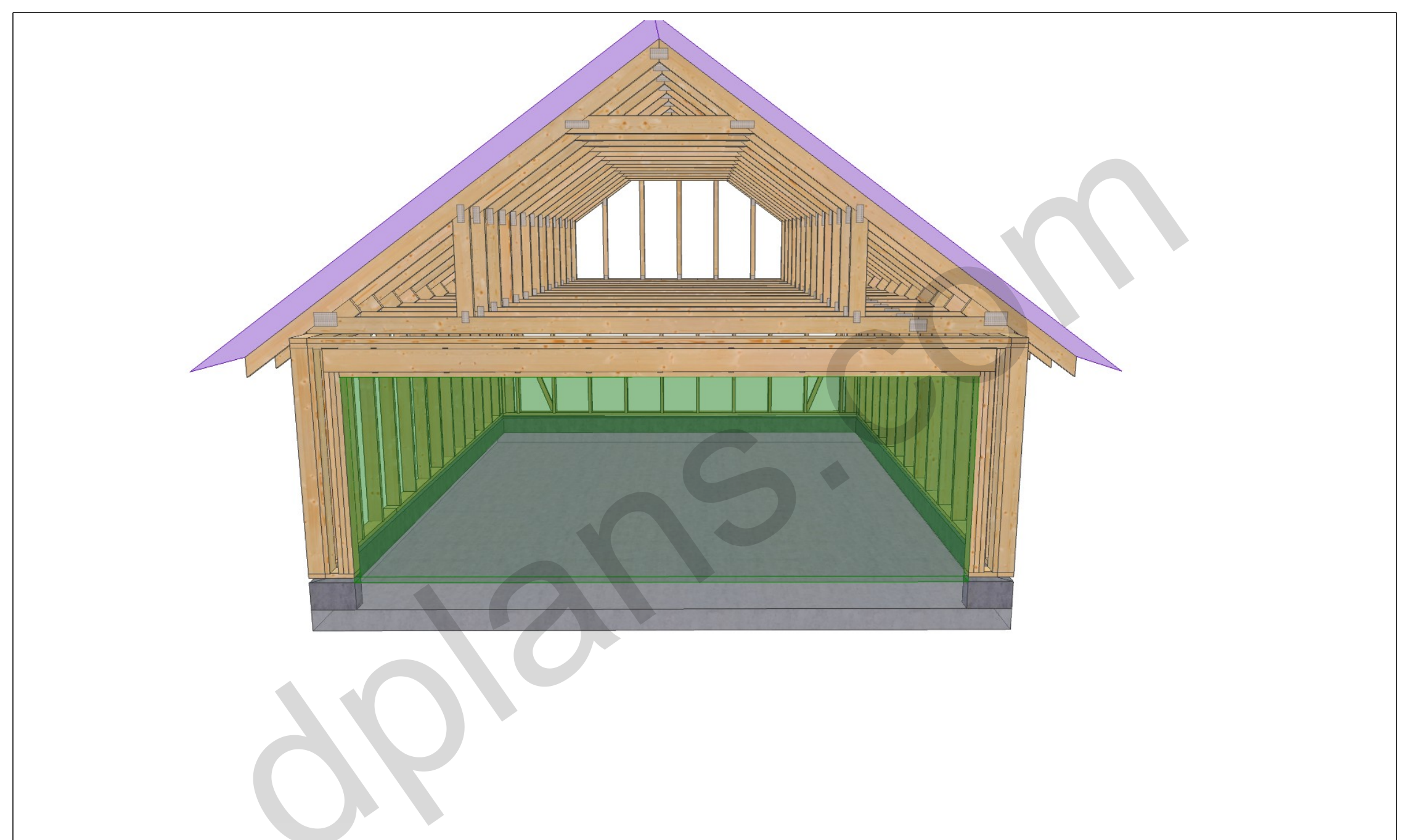 26x20 garage plans, 3D view of the timber frame with the garage door opening and roof trusses