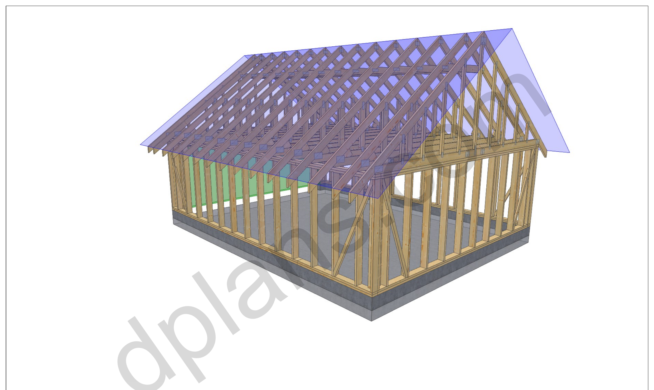 26x20 garage plans, 3D model of the timber frame garage with roof trusses on a concrete slab