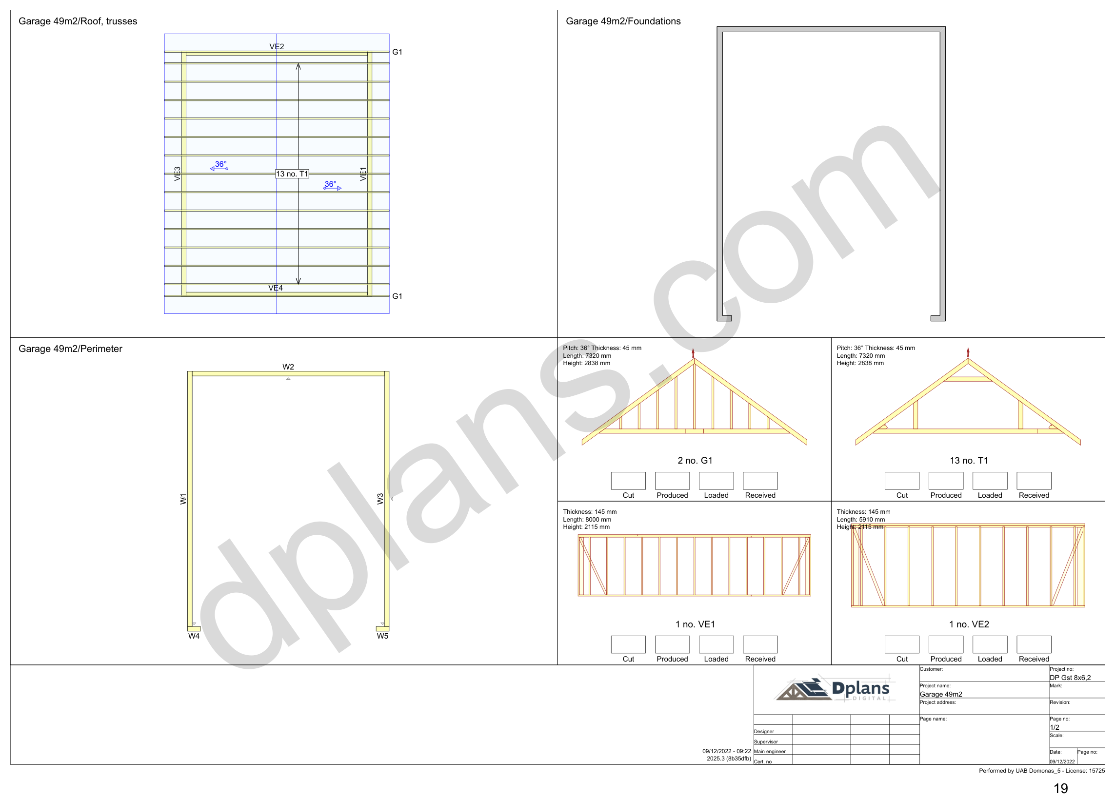 26x20 garage plans, overview sheet with the truss plan, foundation, perimeter and wall panels (metric, mm)