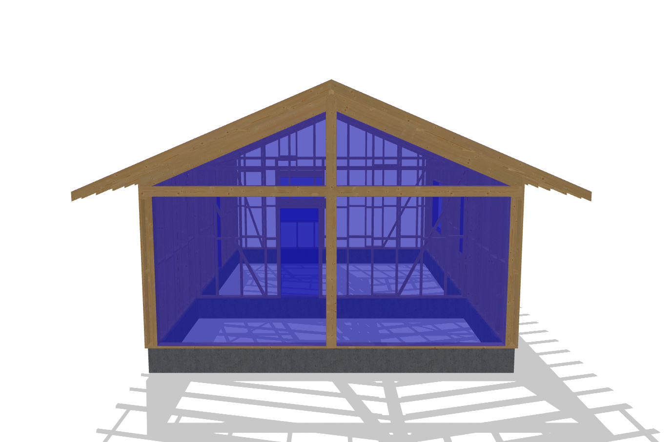 31x23 sauna house plans, 3D view of the large glazed gable end under the 23° rafter roof