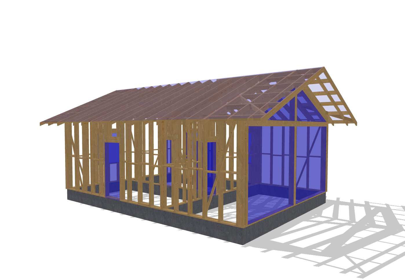 31x23 sauna house plans, 3D frame view along the long side with the rafters and glazed gable end