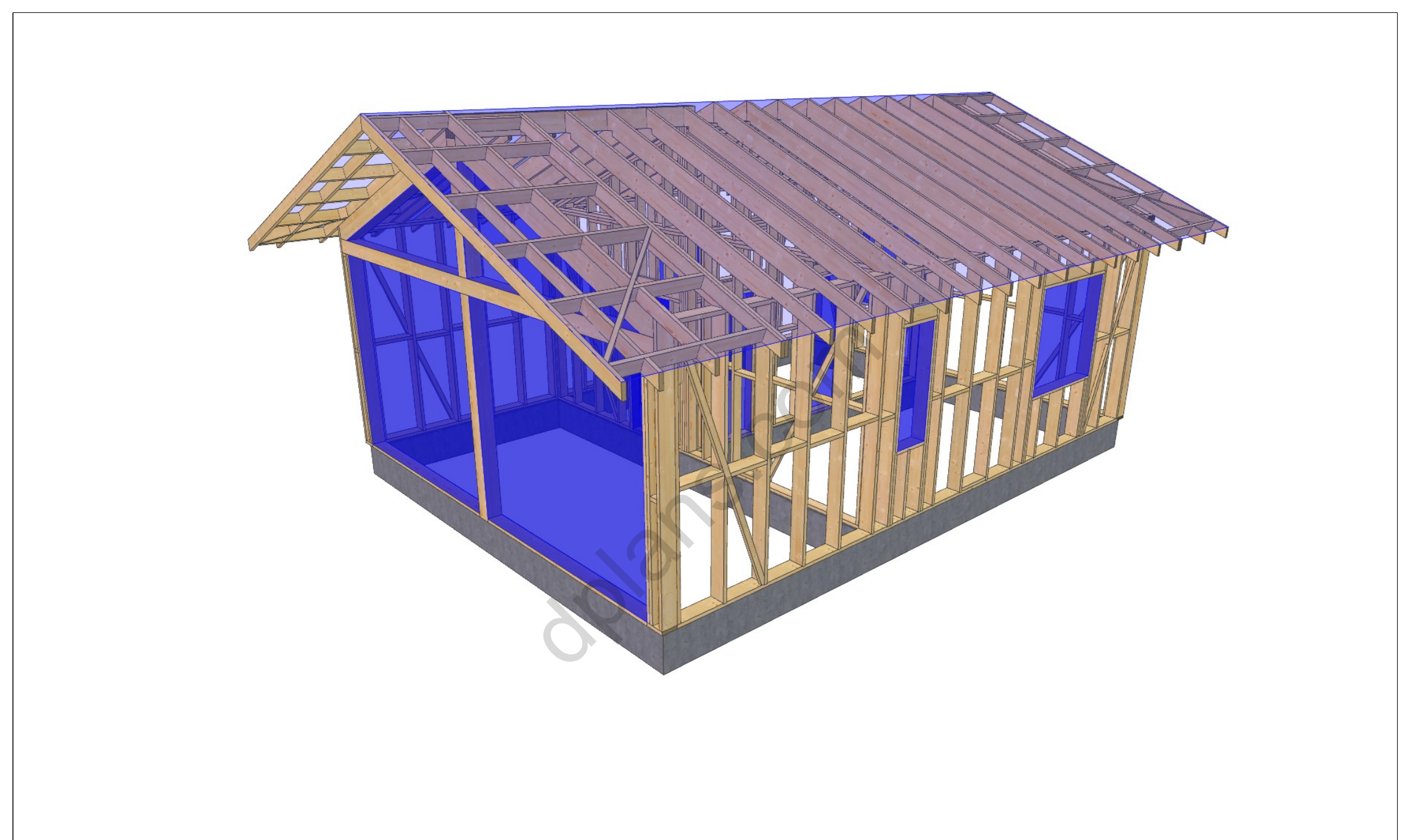 31x23 sauna house plans, 3D model of the timber frame with rafter roof and glazed gable end