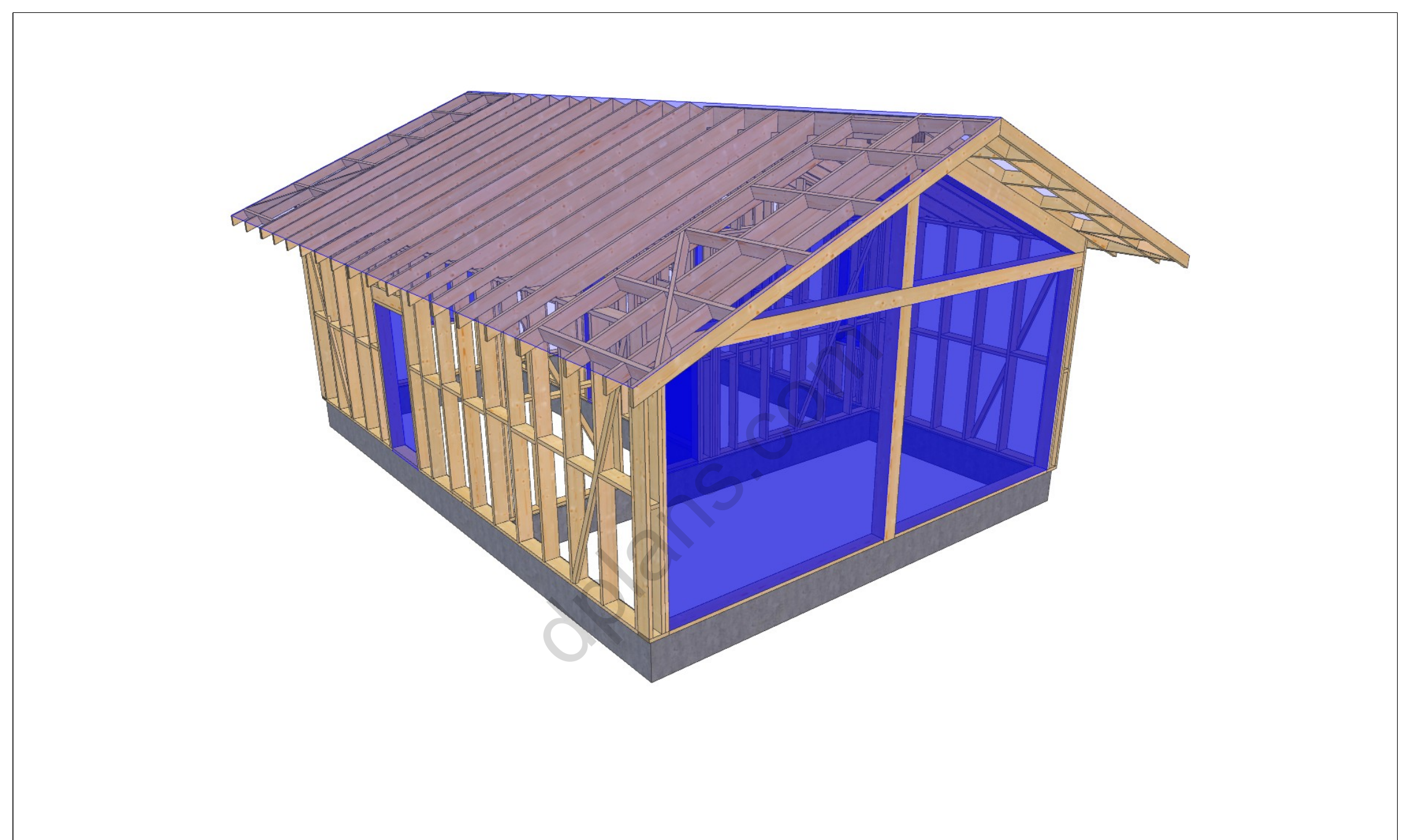 31x23 sauna house plans, 3D view from the opposite corner of the rafter roof and glazed gable wall