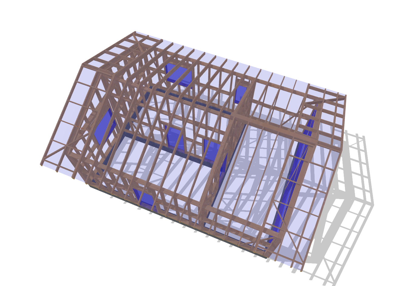 31x23 sauna house plans, 3D overhead view of the frame showing the internal walls and room layout