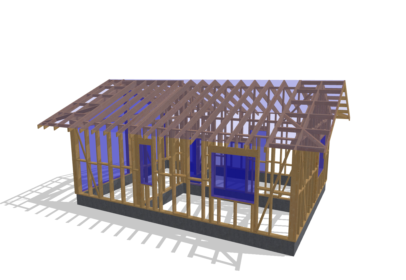 31x23 sauna house plans, 3D frame view of the window side with the door and window openings