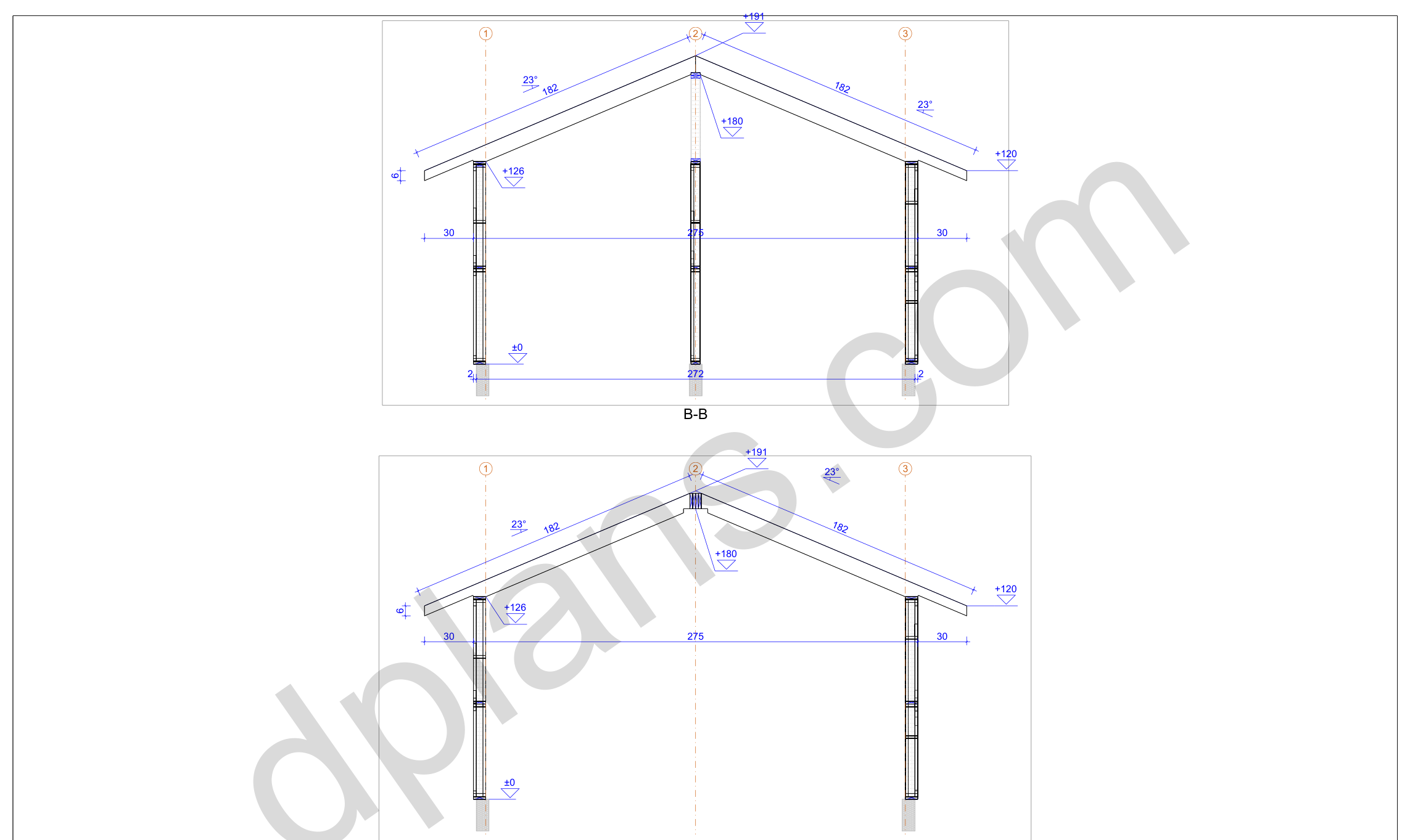 31x23 sauna house plans, cross sections with the 23° roof pitch, wall and ridge heights (imperial, inches)
