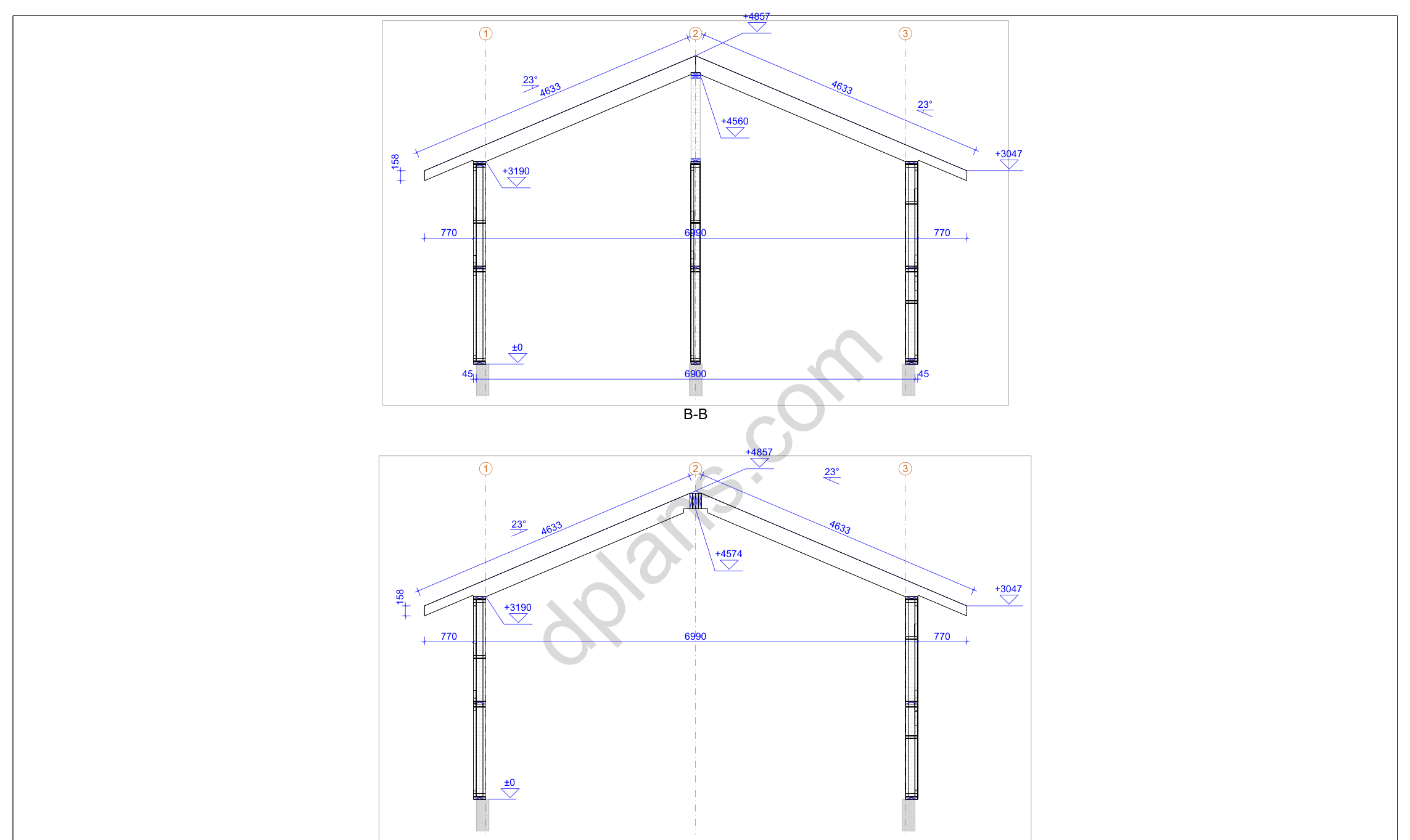 31x23 sauna house plans, cross sections with the 23° roof pitch, wall and ridge heights (metric, mm)