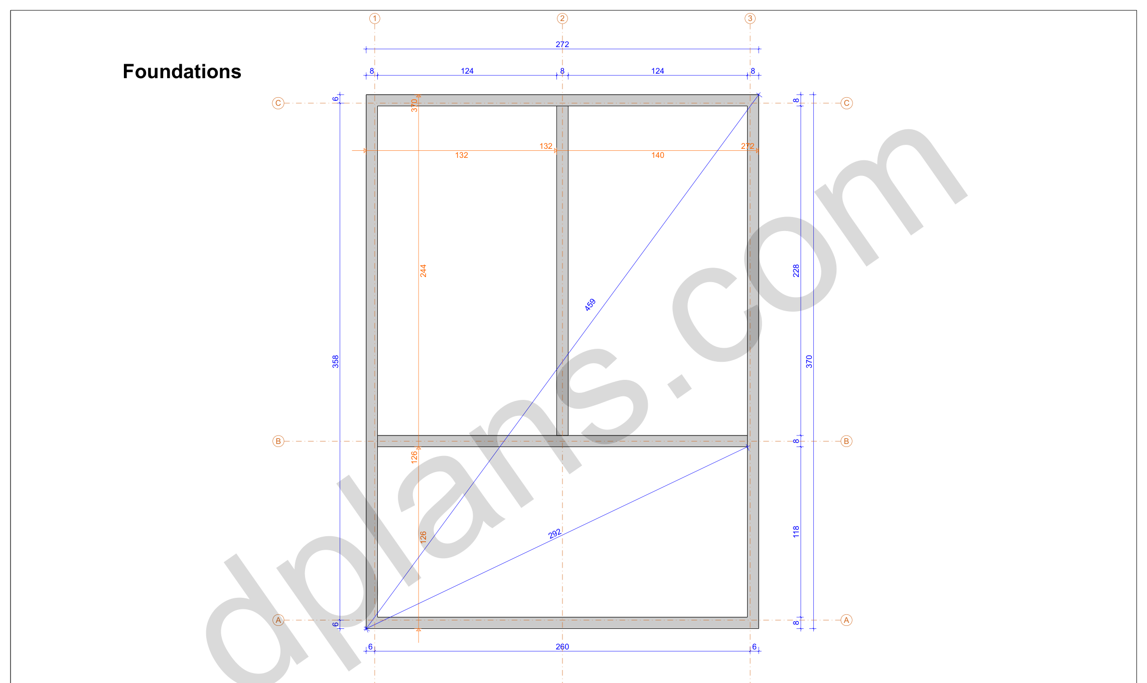 31x23 sauna house plans, strip foundation plan with footings under the outer and inner walls (imperial, inches)