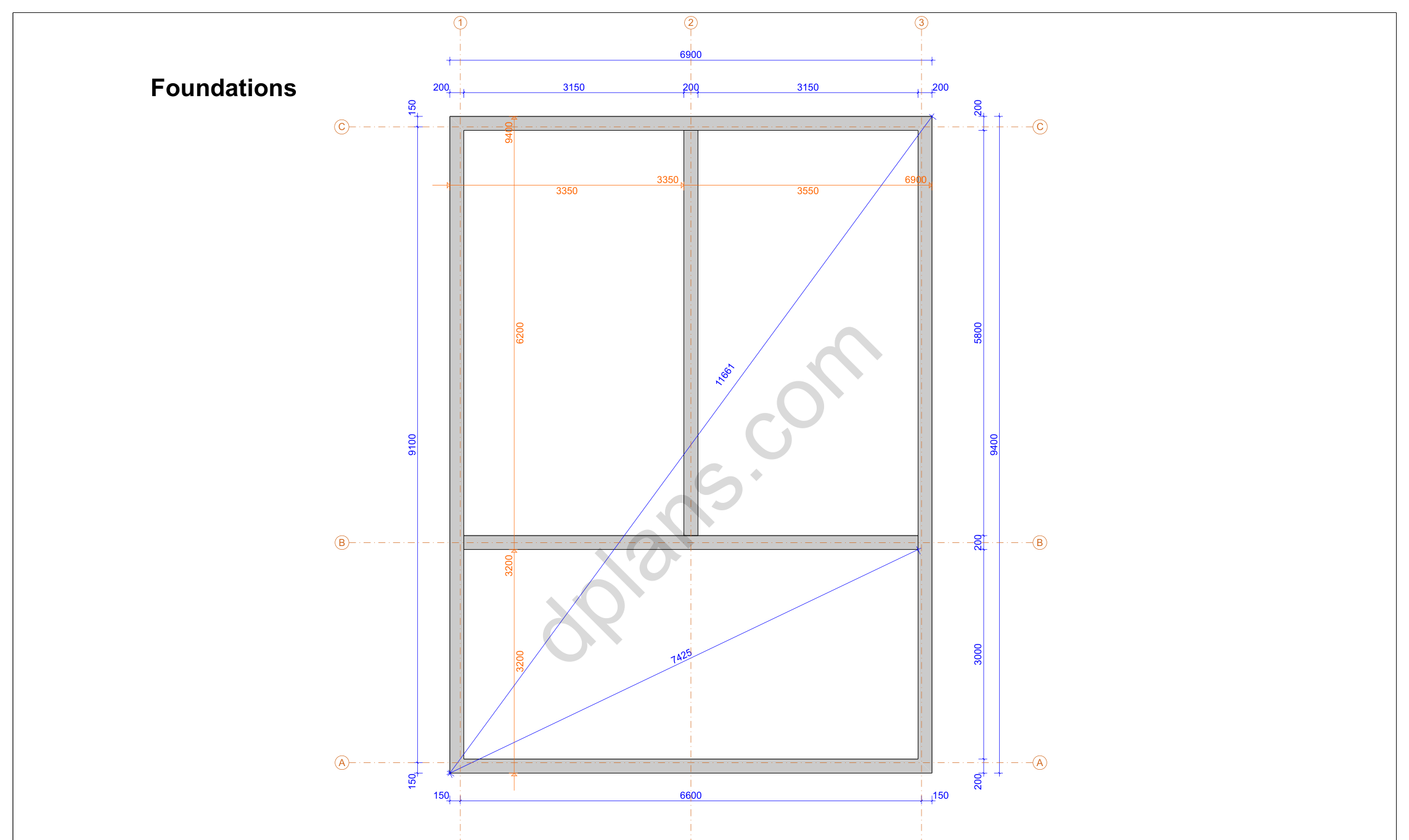 31x23 sauna house plans, strip foundation plan with footings under the outer and inner walls (metric, mm)