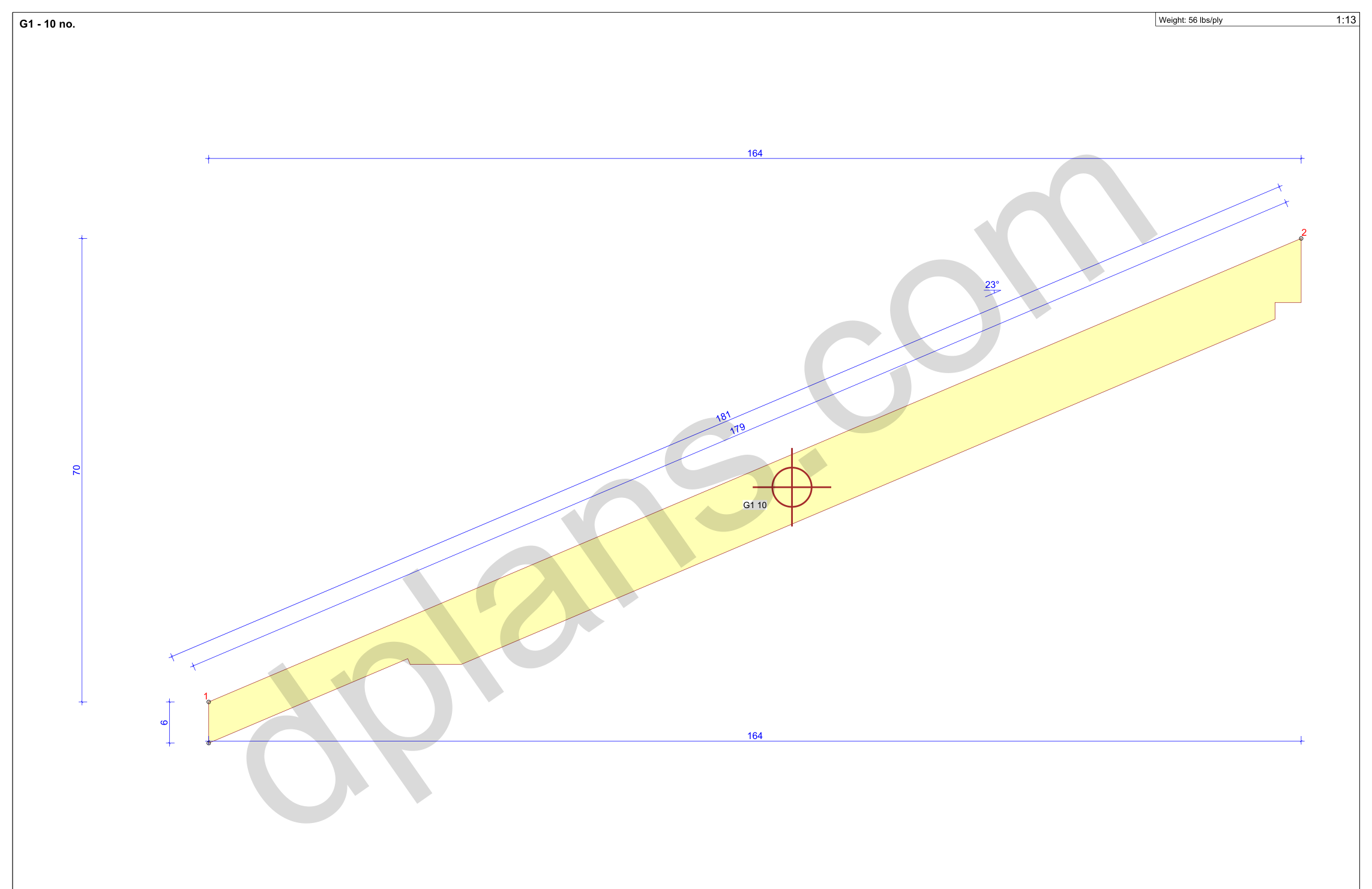 31x23 sauna house plans, rafter drawing with the 23° cuts, notches and member length (imperial, inches)